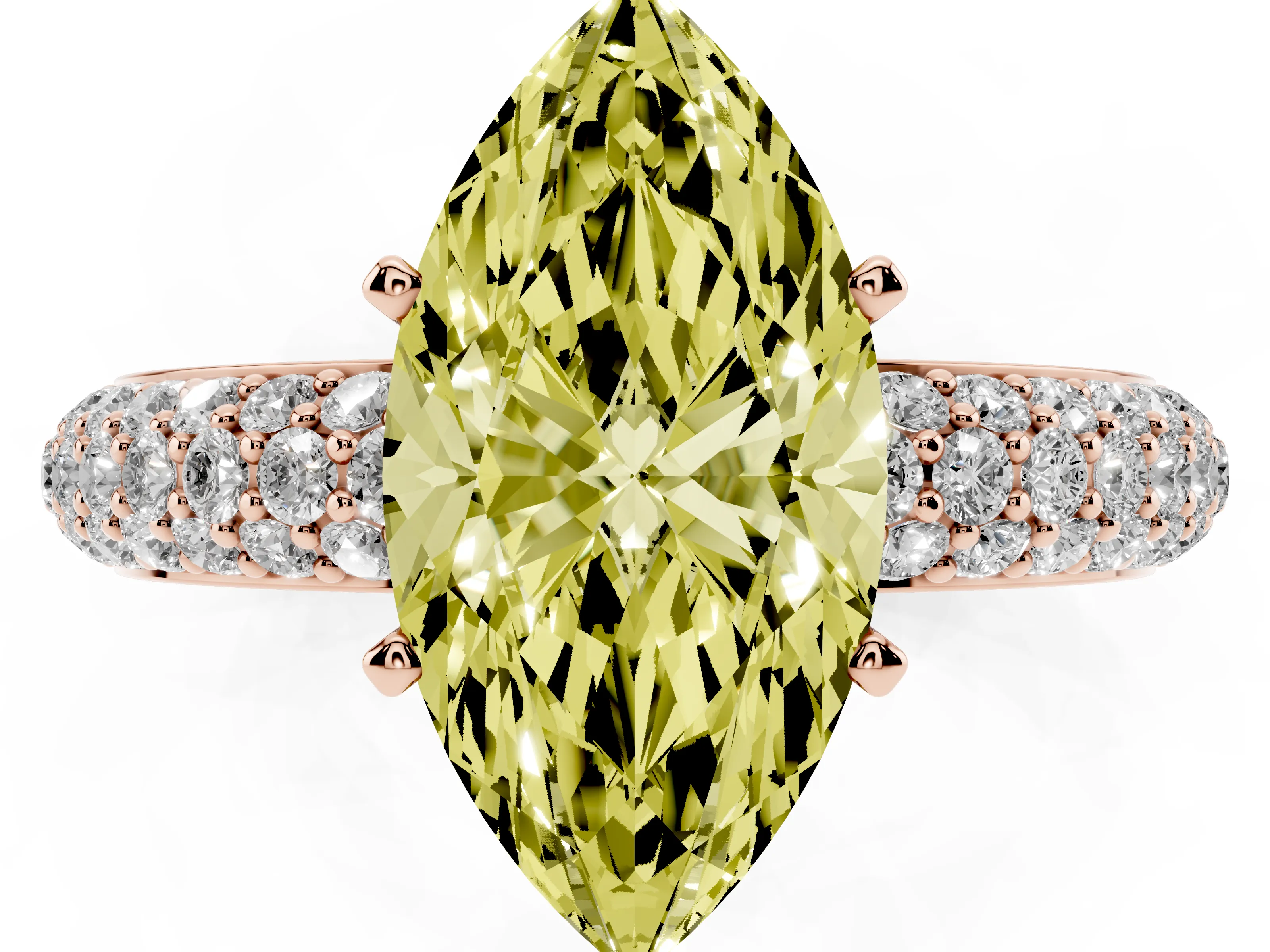 Fancy Yellow Marquise Cut Diamond Solitaire Ring Set in Rose gold with Prong Setting and Pavé-Set Band
