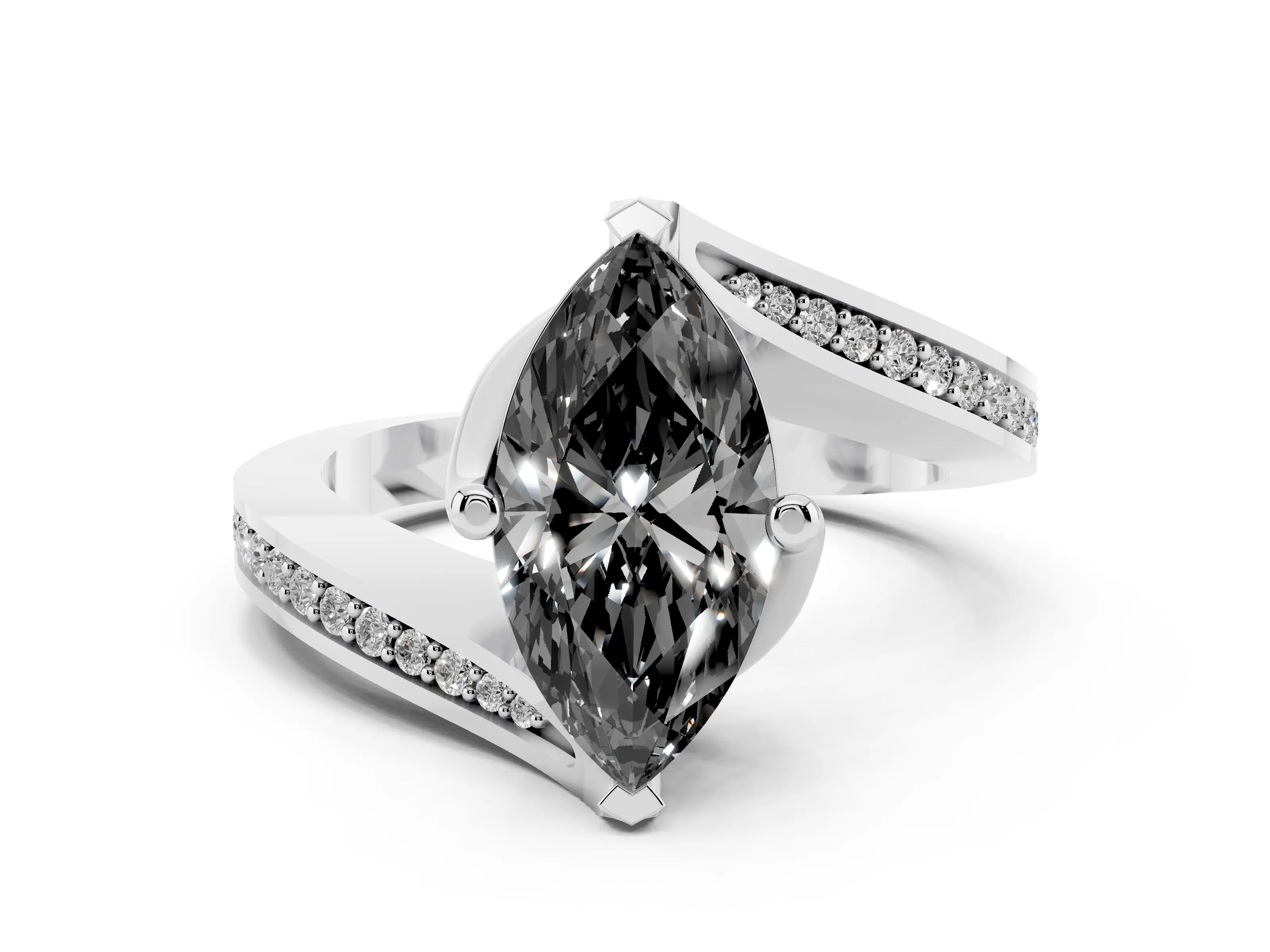 Fancy Black Marquise Cut Diamond Solitaire Ring Set in Platinum with Intertwined Pavé Twist Band
