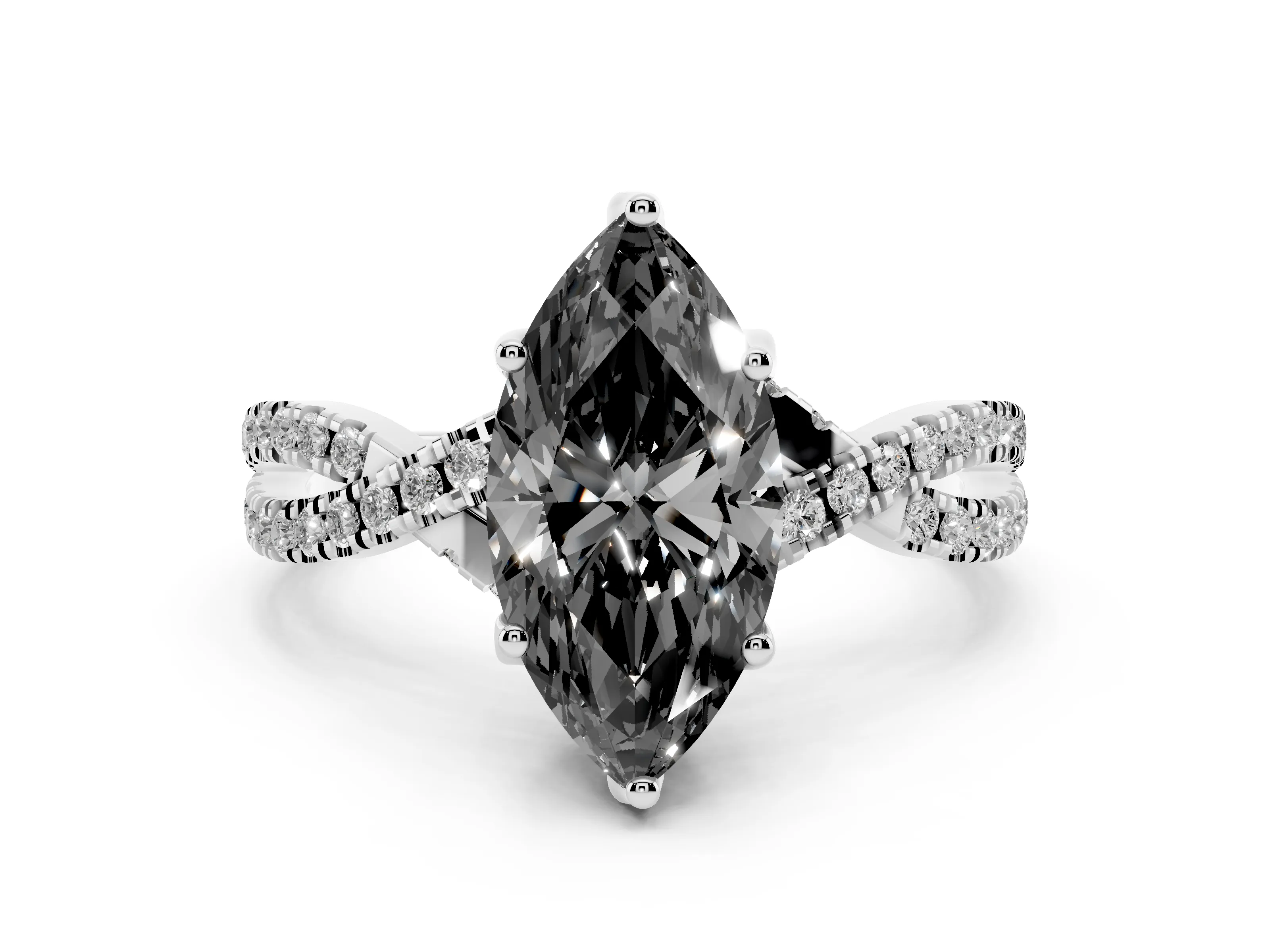 Fancy Black Marquise Cut Diamond Twist Pavé Solitaire Engagement Ring Set in White gold with Prong Setting