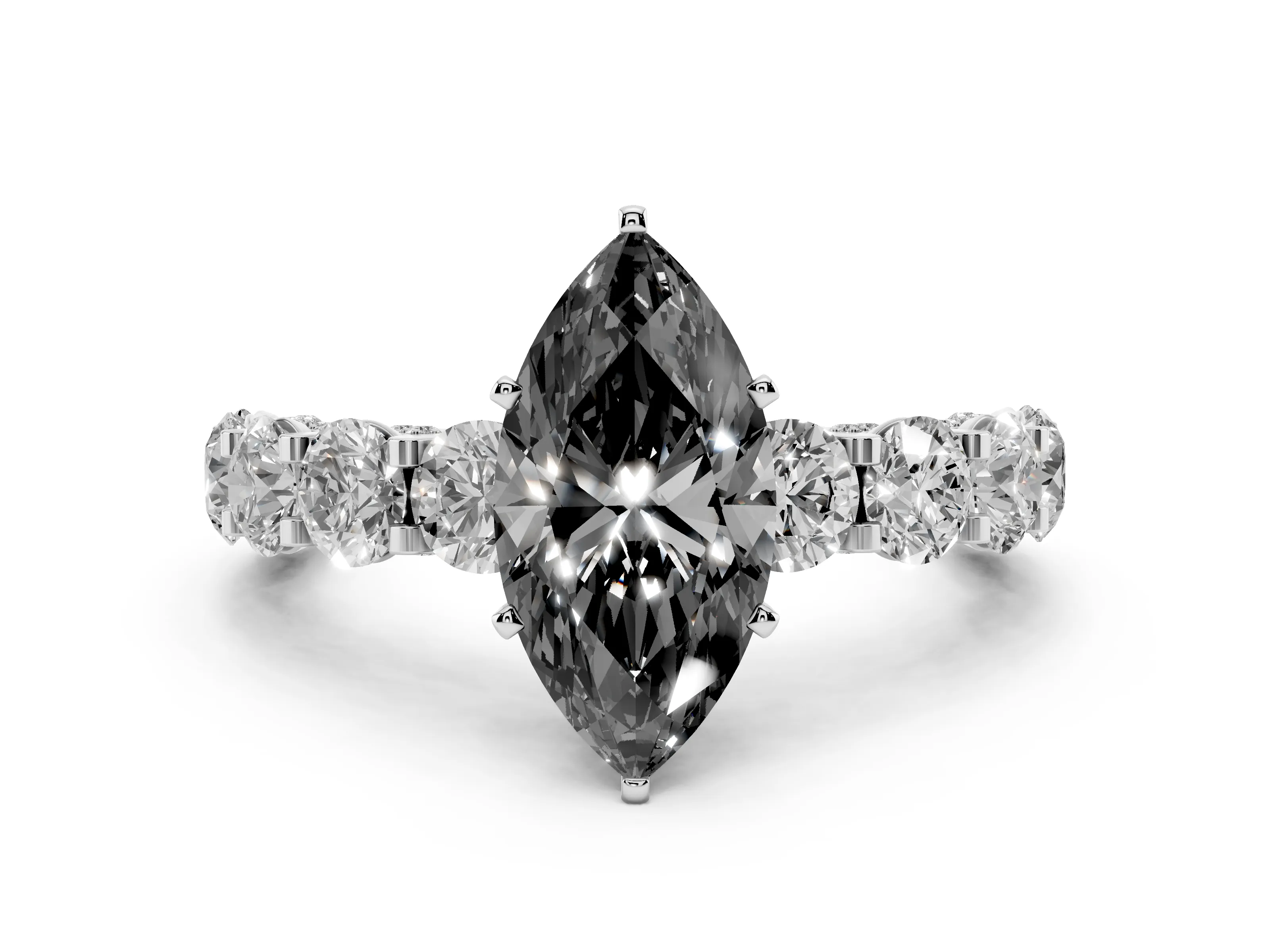Fancy Black Marquise Cut Diamond Side Stone Ring Set in White gold with Alternating Round and Oval Side Stones