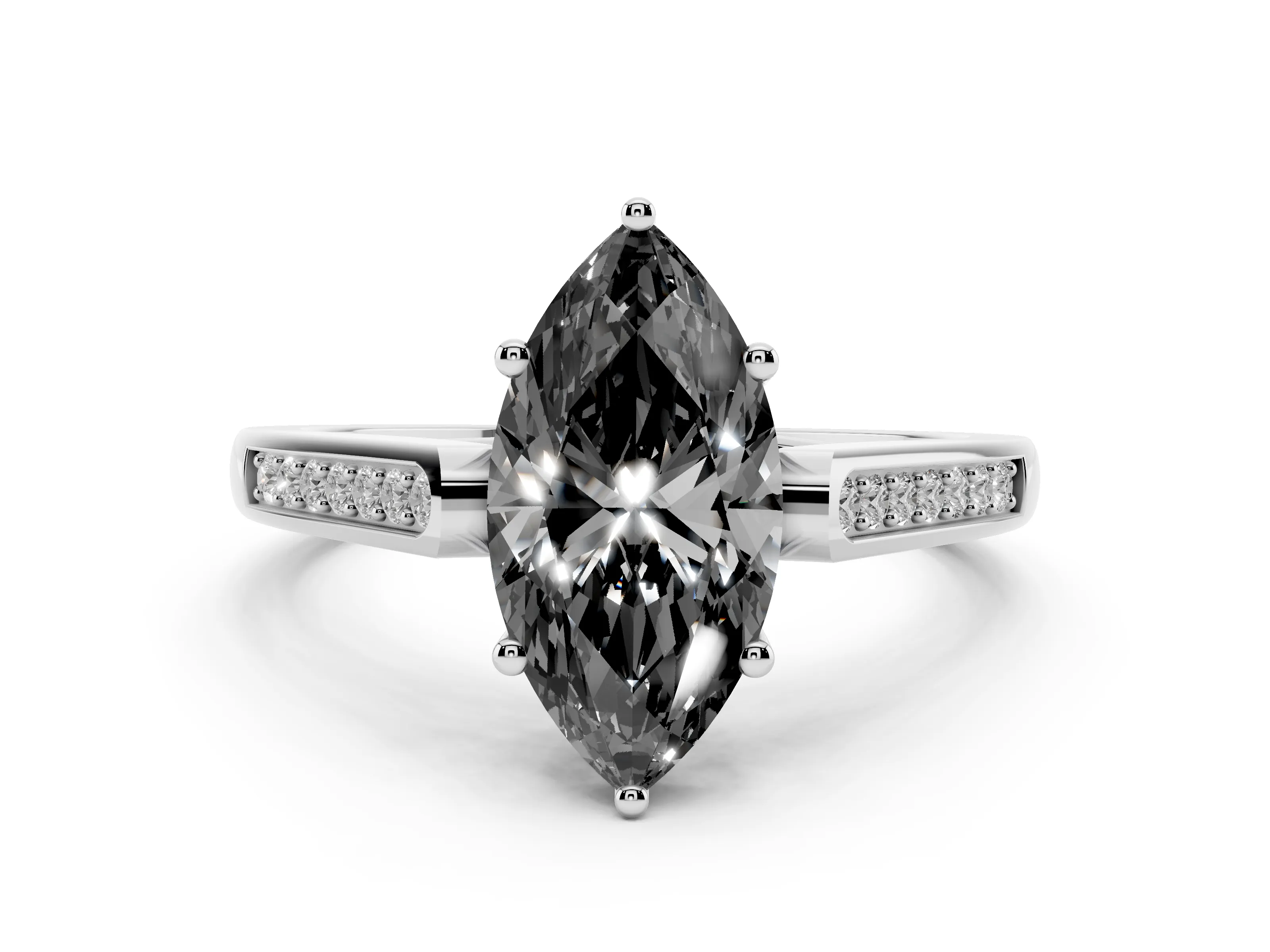 Fancy Black Marquise Cut Diamond Solitaire Cathedral Engagement Ring Set in White gold with Channel-Set Band and Prong Setting