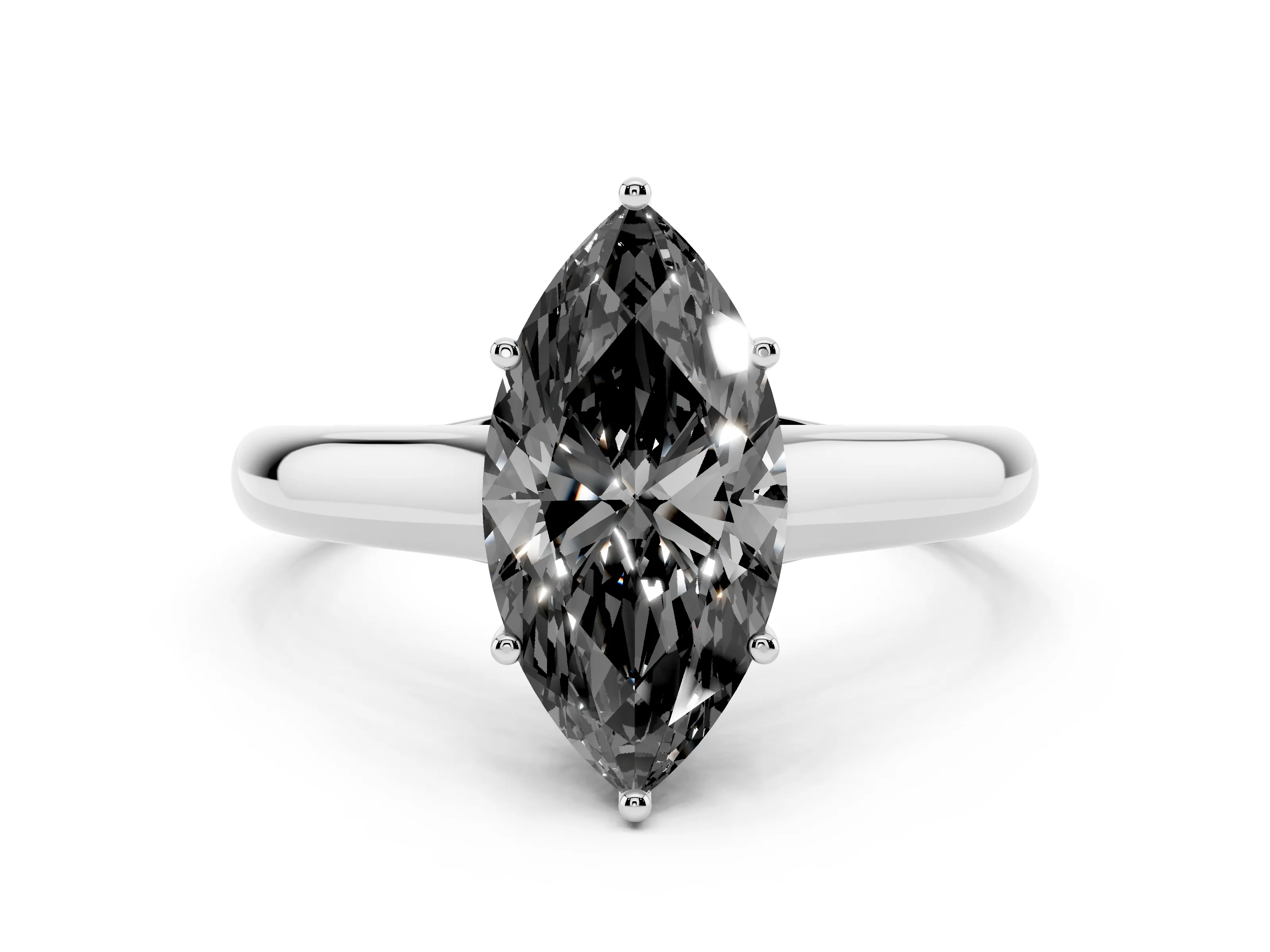 Fancy Black Marquise Cut Diamond Solitaire Engagement Ring Set in White gold with Subtly Tapered Band and Prong Setting