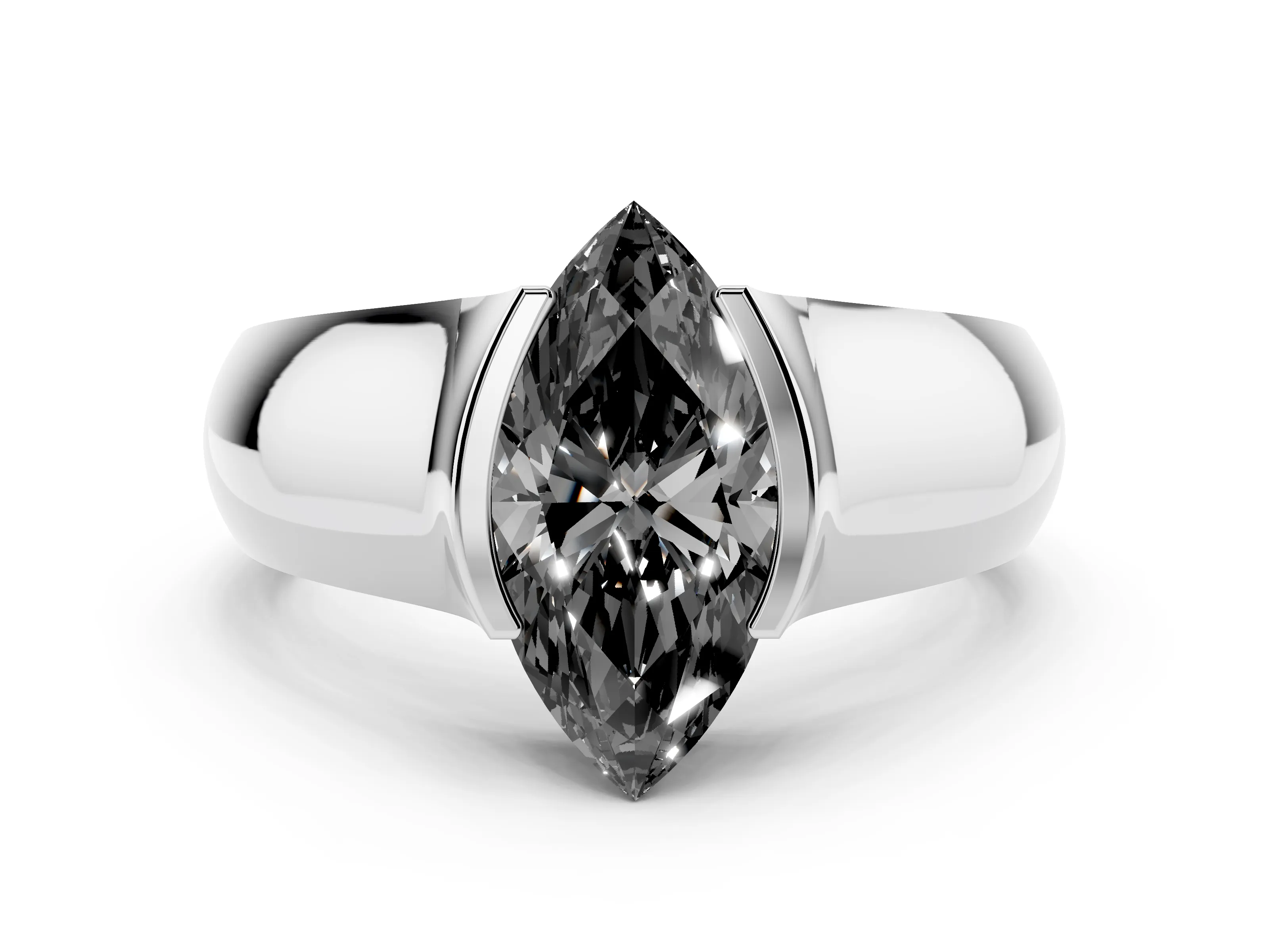 Fancy Black Marquise Cut Diamond Bezel Solitaire Ring Set in White gold with Wide Band