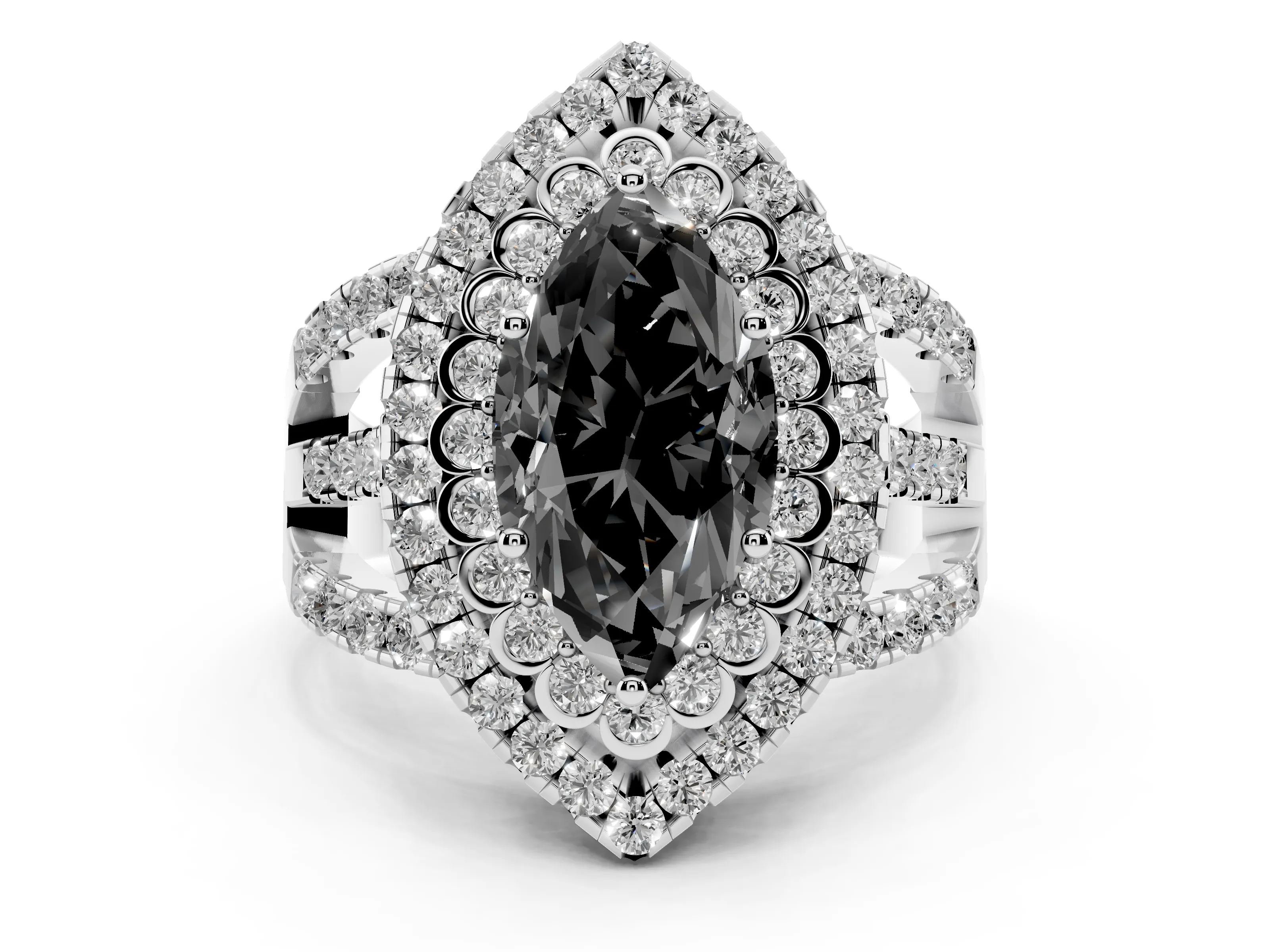 Fancy Black Marquise Cut Diamond Double Halo Ring Set in White gold with Round Pavé Split Shank