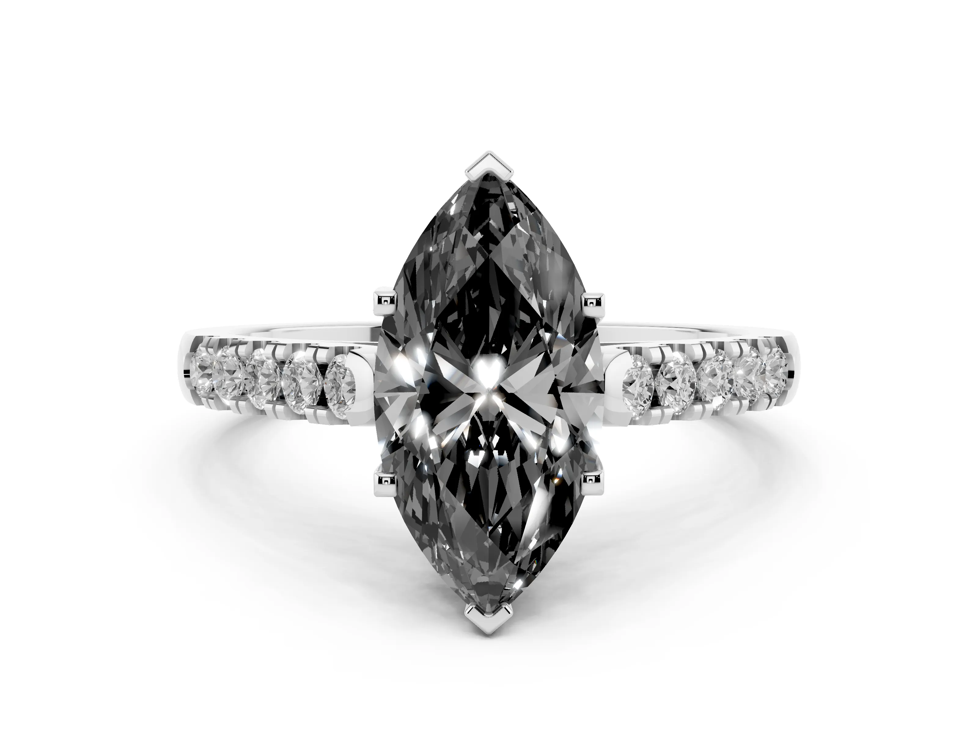 Fancy Black Marquise Cut Diamond Pavé Band Solitaire Ring Set in White gold with Partway Accent Stones and Prong Setting