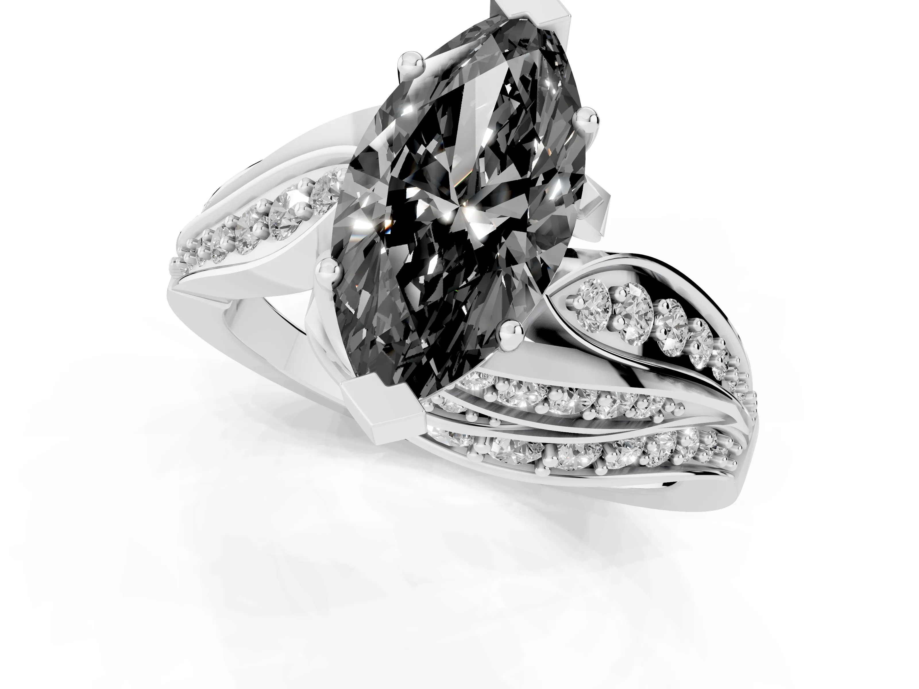 Fancy Black Marquise Cut Diamond Solitaire Ring Set in Platinum with Layered Twist Pavé Band