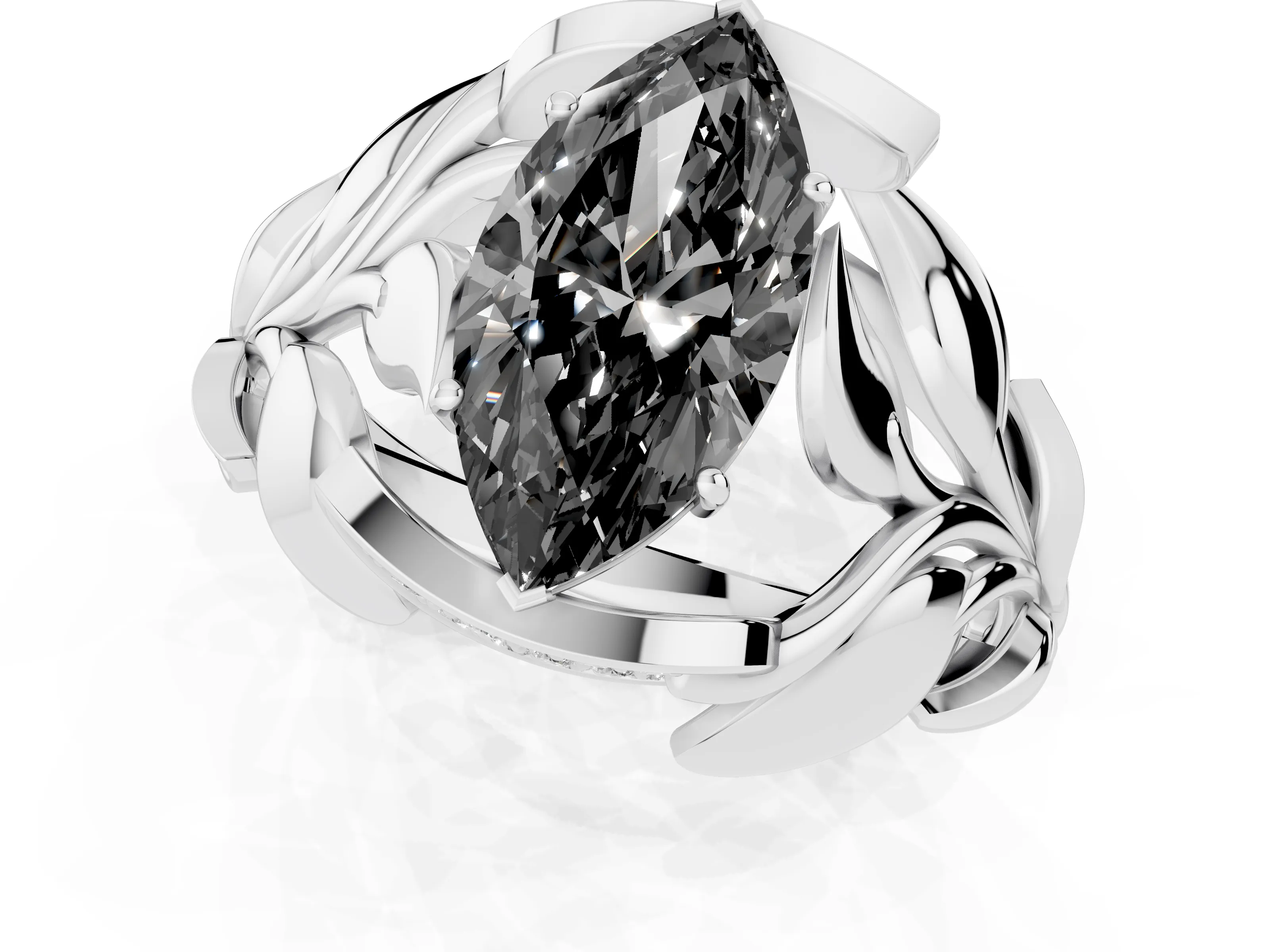 Fancy Black Marquise Cut Diamond Leaf-Inspired Engagement Ring Set in Silver with Round Accents