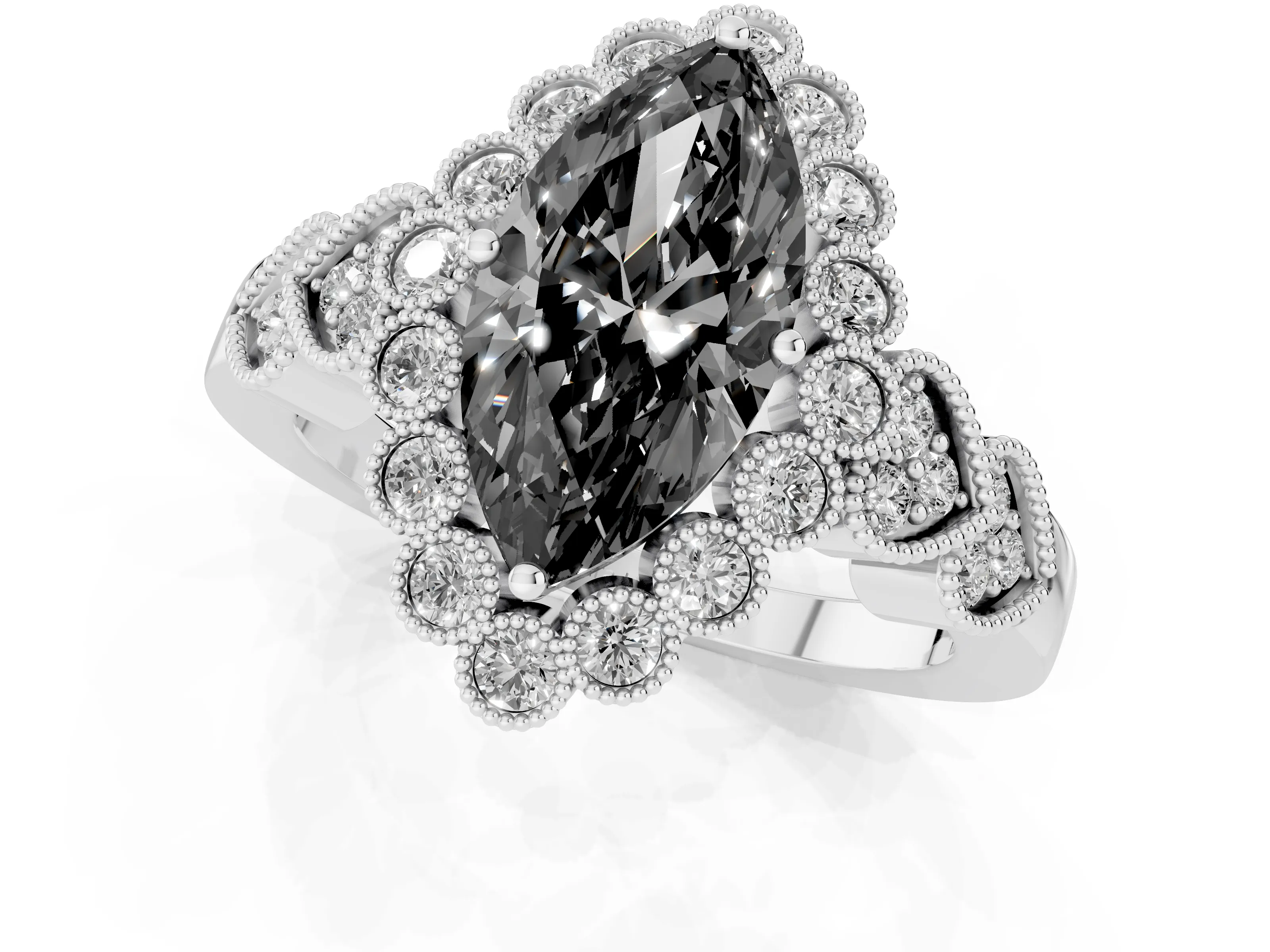 Fancy Black Marquise Cut Diamond Solitaire Ring Set in Platinum with Milgrain Pavé Heart Band