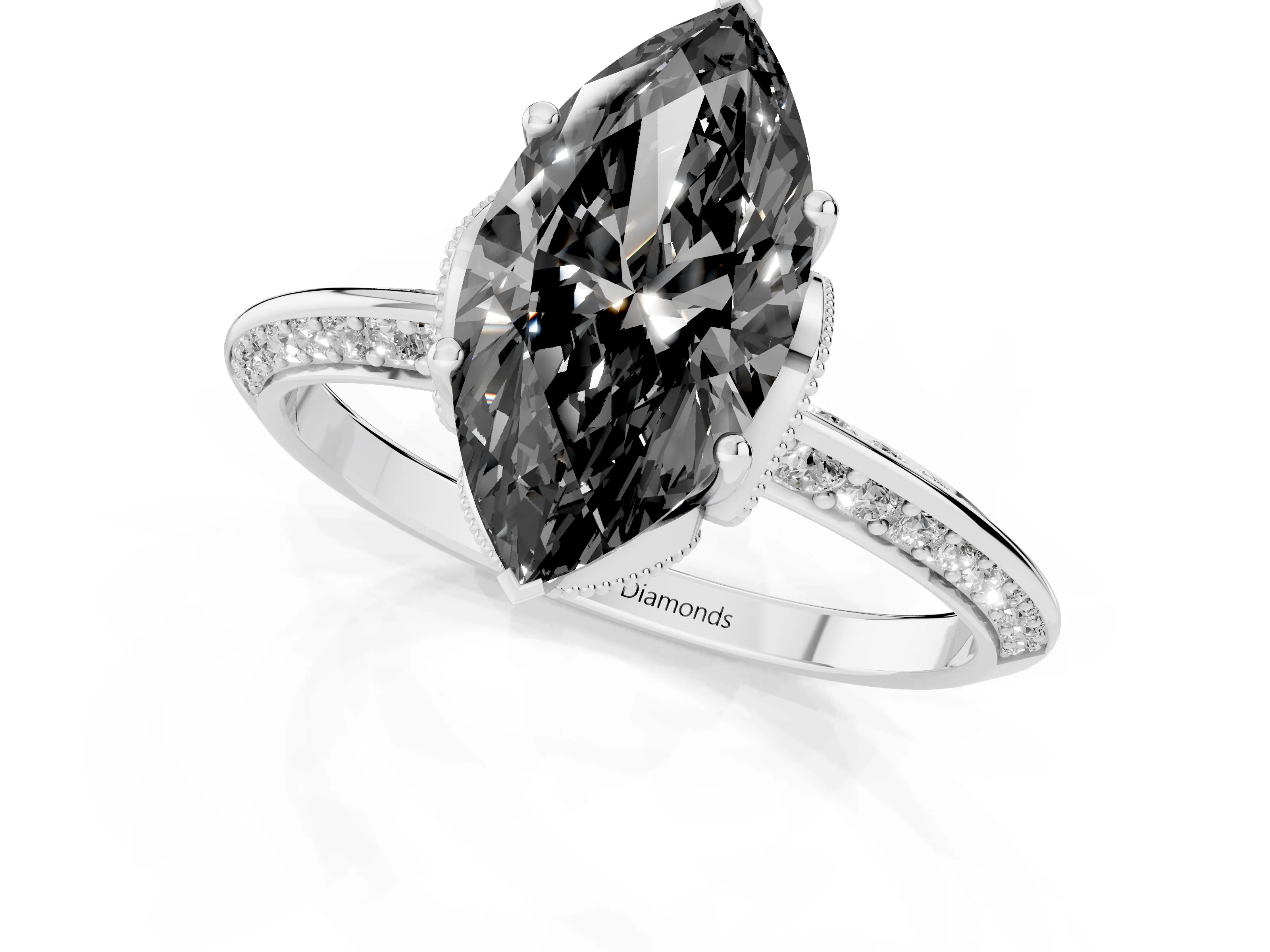 Fancy Black Marquise Cut Diamond Solitaire Engagement Ring Set in White gold with Pavé Split Shank and Prong Setting