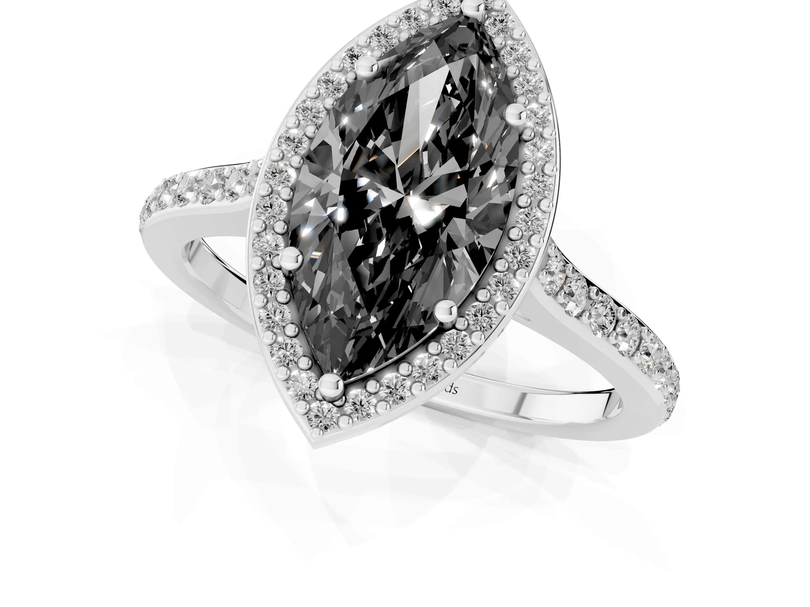 Fancy Black Marquise Cut Diamond Halo Engagement Ring Set in Platinum with Round Pavé Shoulders and Heart Gallery – second view