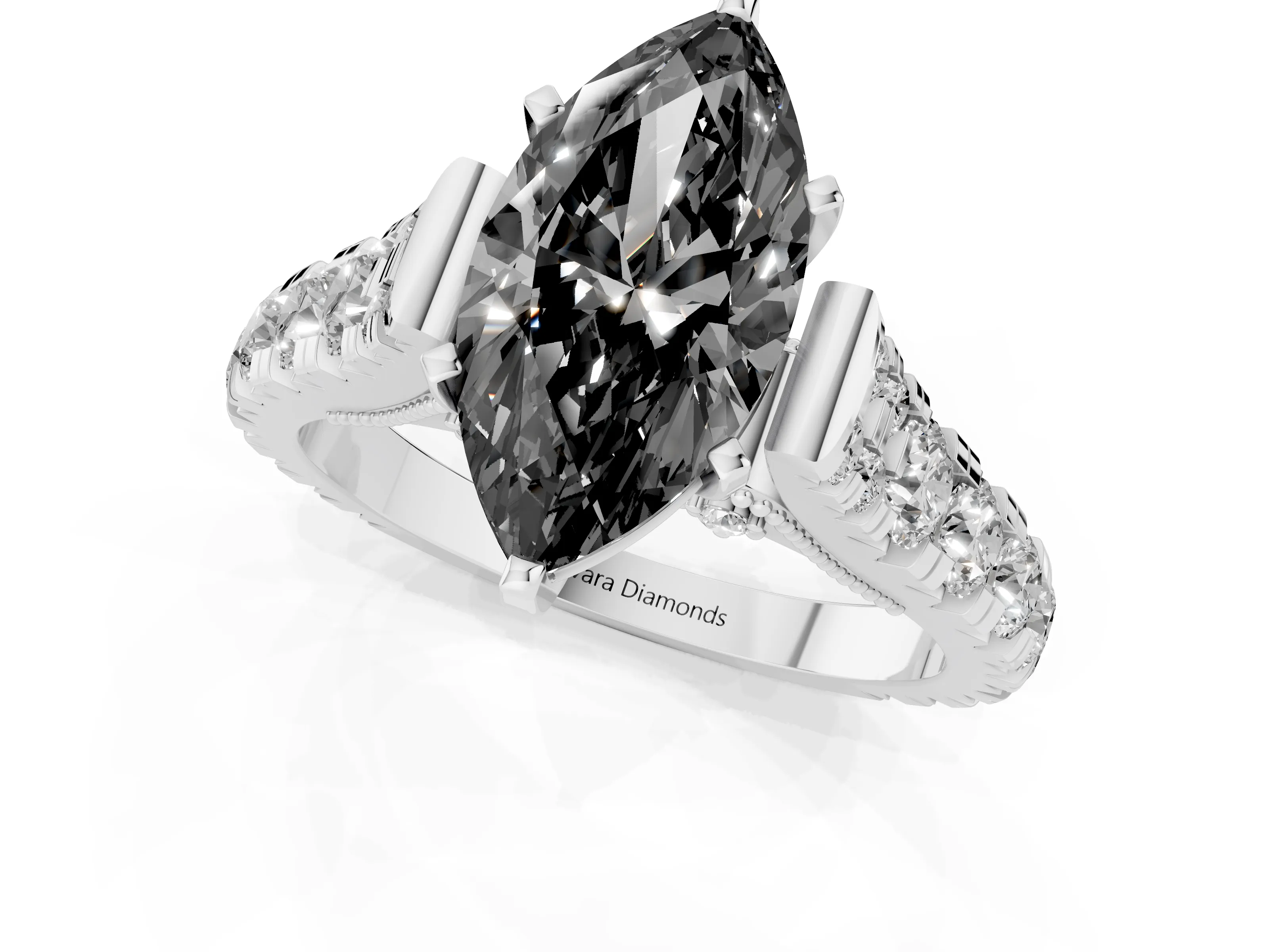 Fancy Black Marquise Cut Diamond Classic Solitaire Ring Set in Silver with Pavé Band and Prong Setting