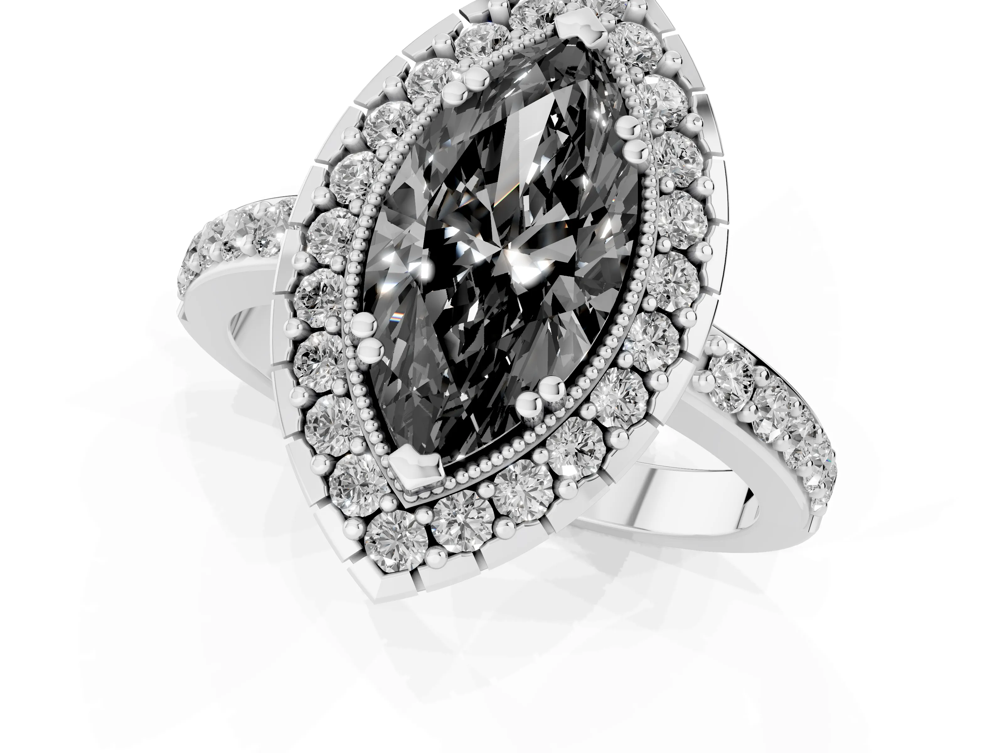 Fancy Black Marquise Cut Diamond Halo Ring Set in White gold with Pavé Shank and Prong Setting