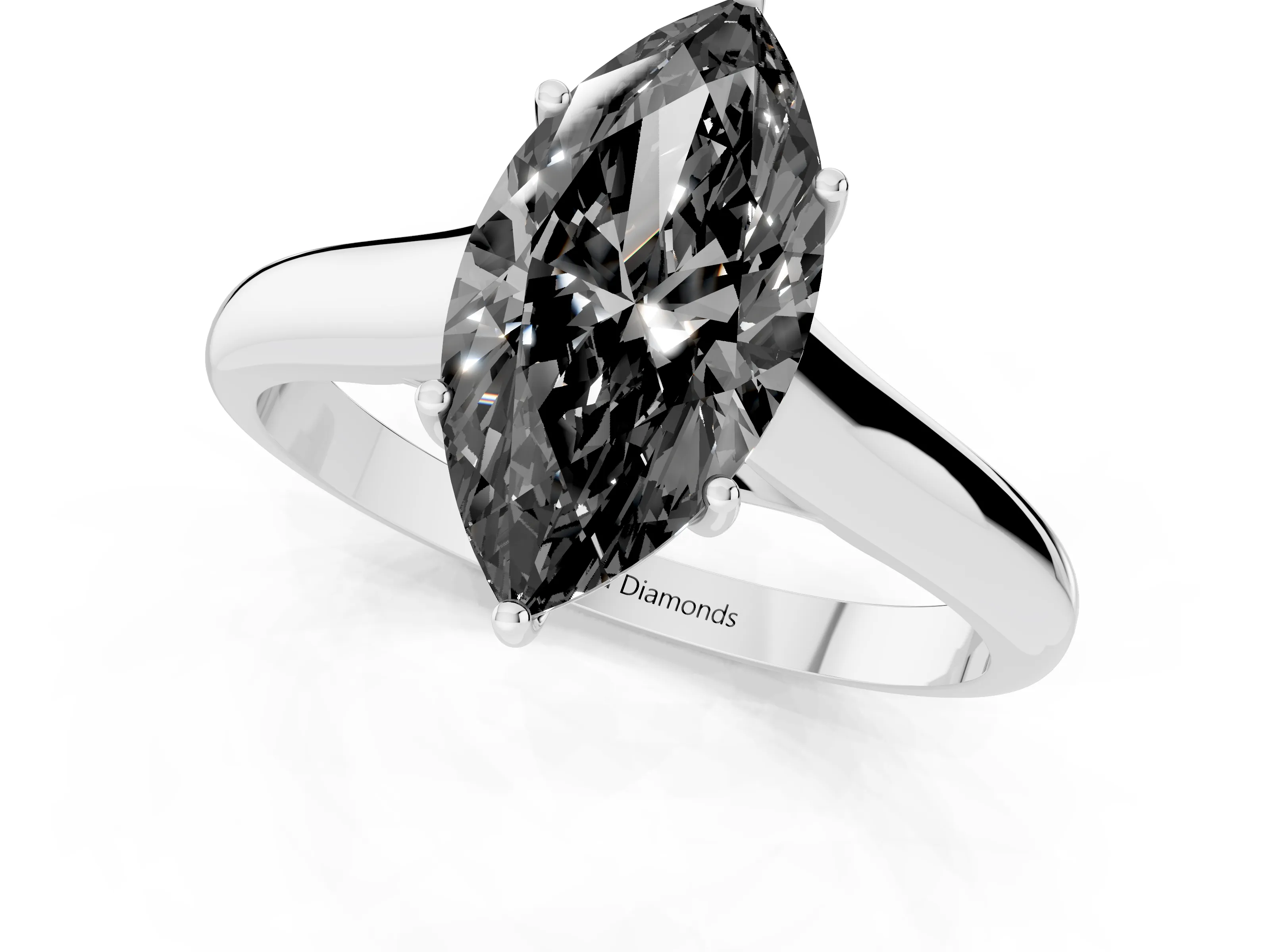 Fancy Black Marquise Cut Diamond Solitaire Engagement Ring Set in White gold with Subtly Tapered Band and Prong Setting