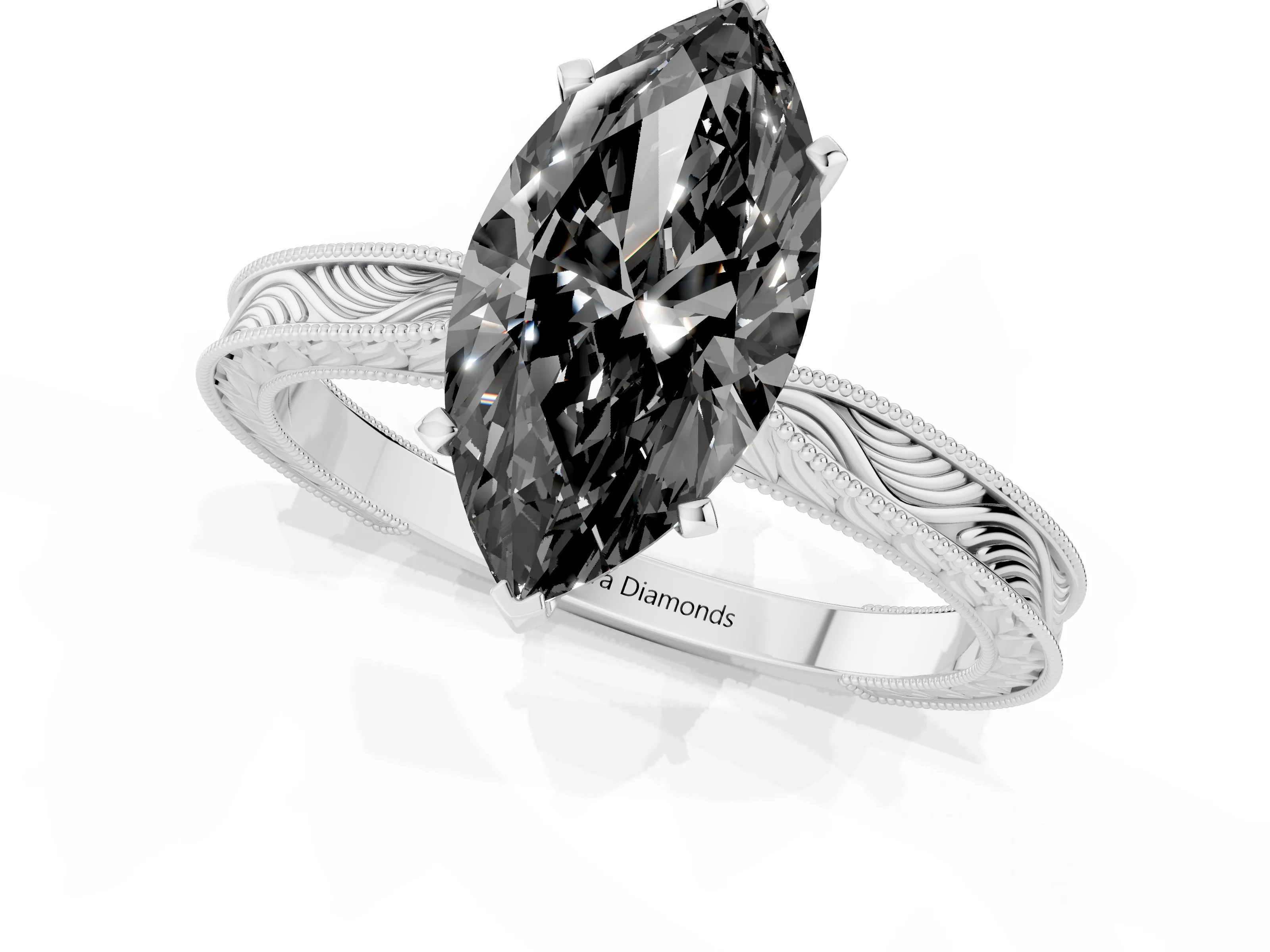 Fancy Black Marquise Cut Diamond Solitaire Milgrain Engraved Band Set in White gold with Prong Setting