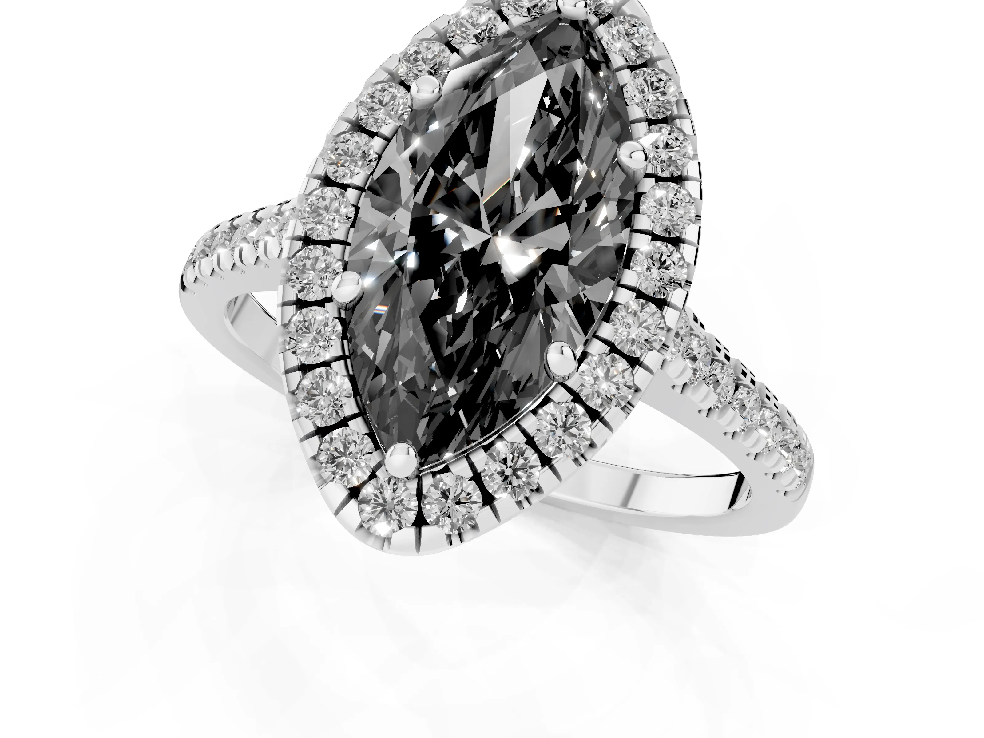 Fancy Black Marquise Cut Diamond Cushion Halo Ring Set in White gold with Pavé Band – second view