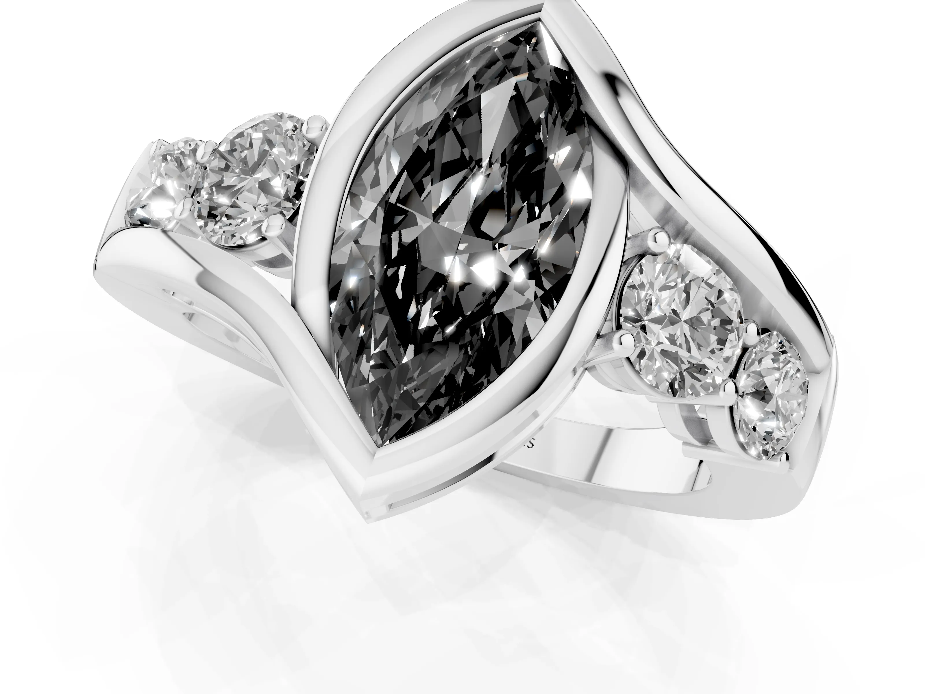 Fancy Black Marquise Cut Diamond Bezel Bypass Ring Set in Platinum with Round Accents