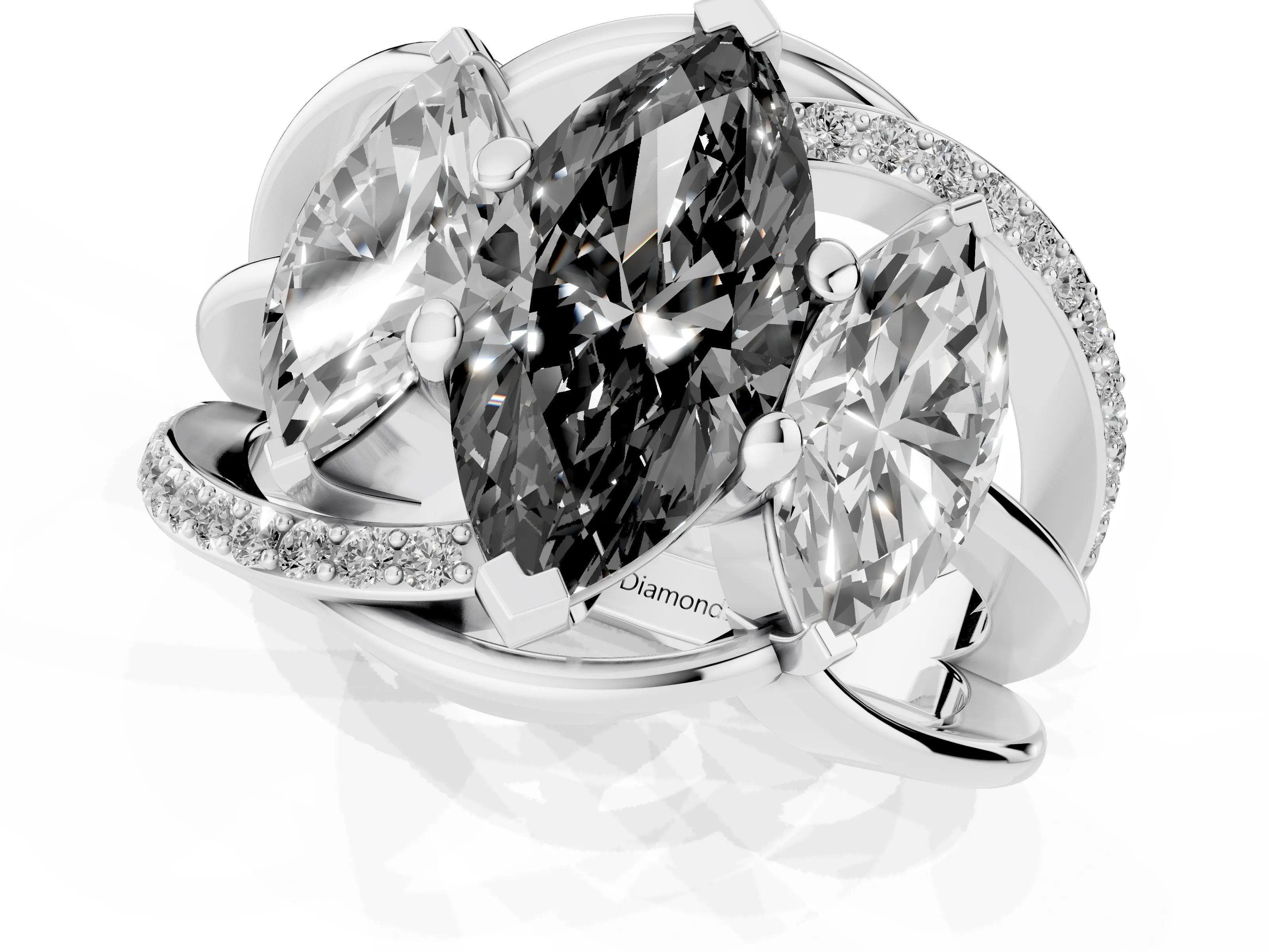 Fancy Black Marquise Cut Diamond Three-Stone Ring Set in Platinum with Split Shank and Prong Setting