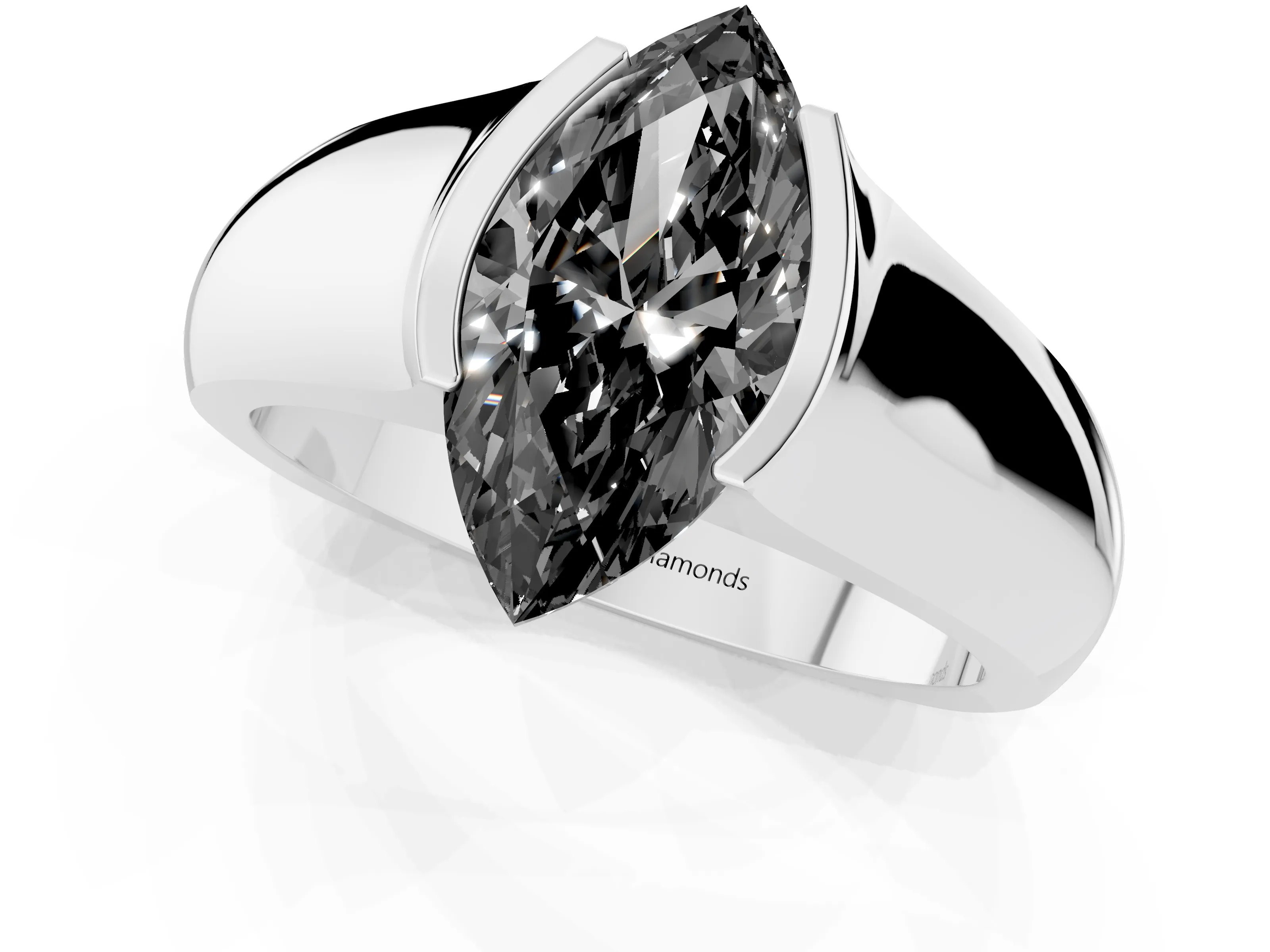 Fancy Black Marquise Cut Diamond Bezel Solitaire Ring Set in White gold with Wide Band