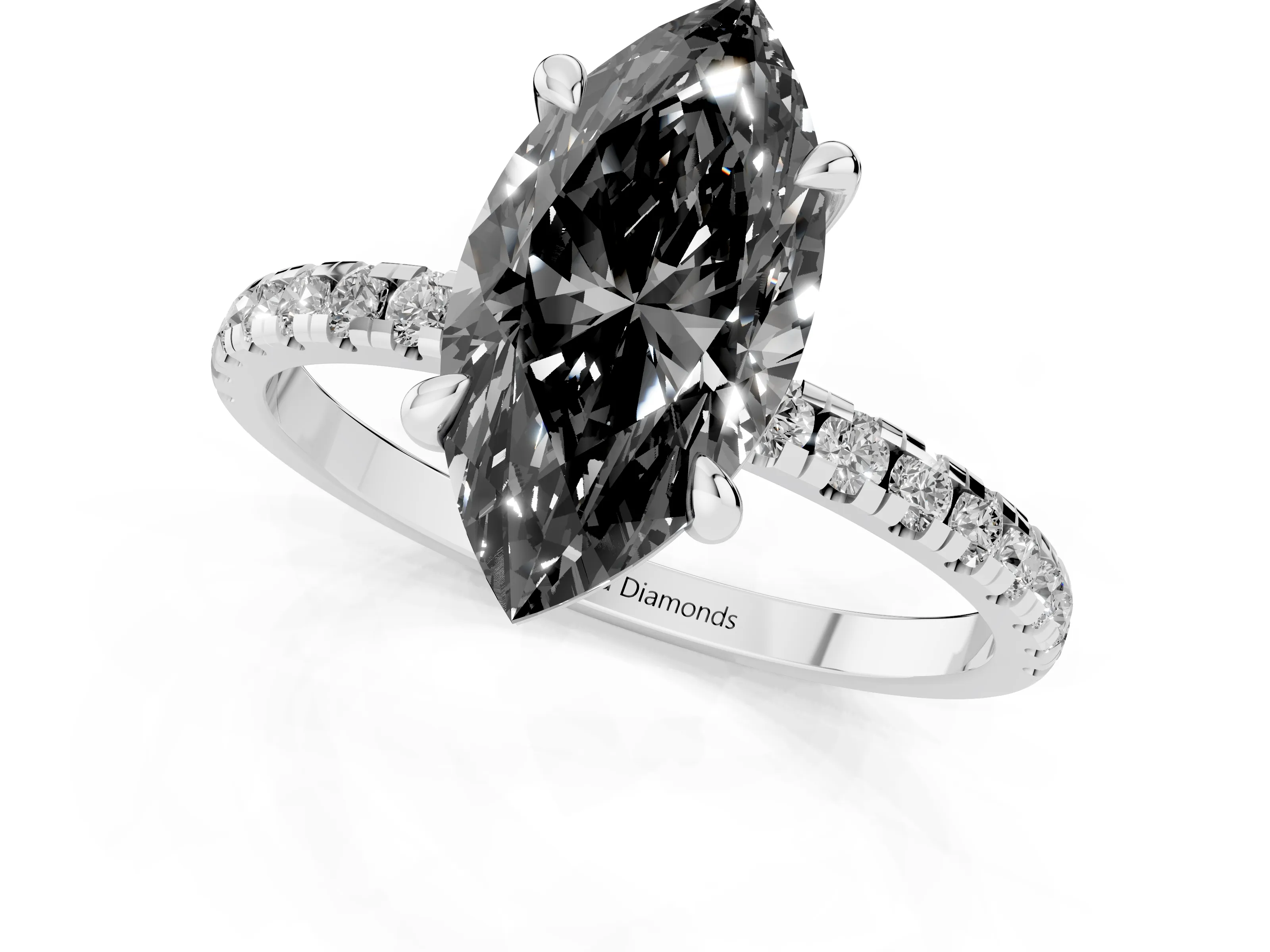 Fancy Black Marquise Cut Diamond Brilliant Solitaire Ring Set in White gold with Pavé Band and Prong Setting
