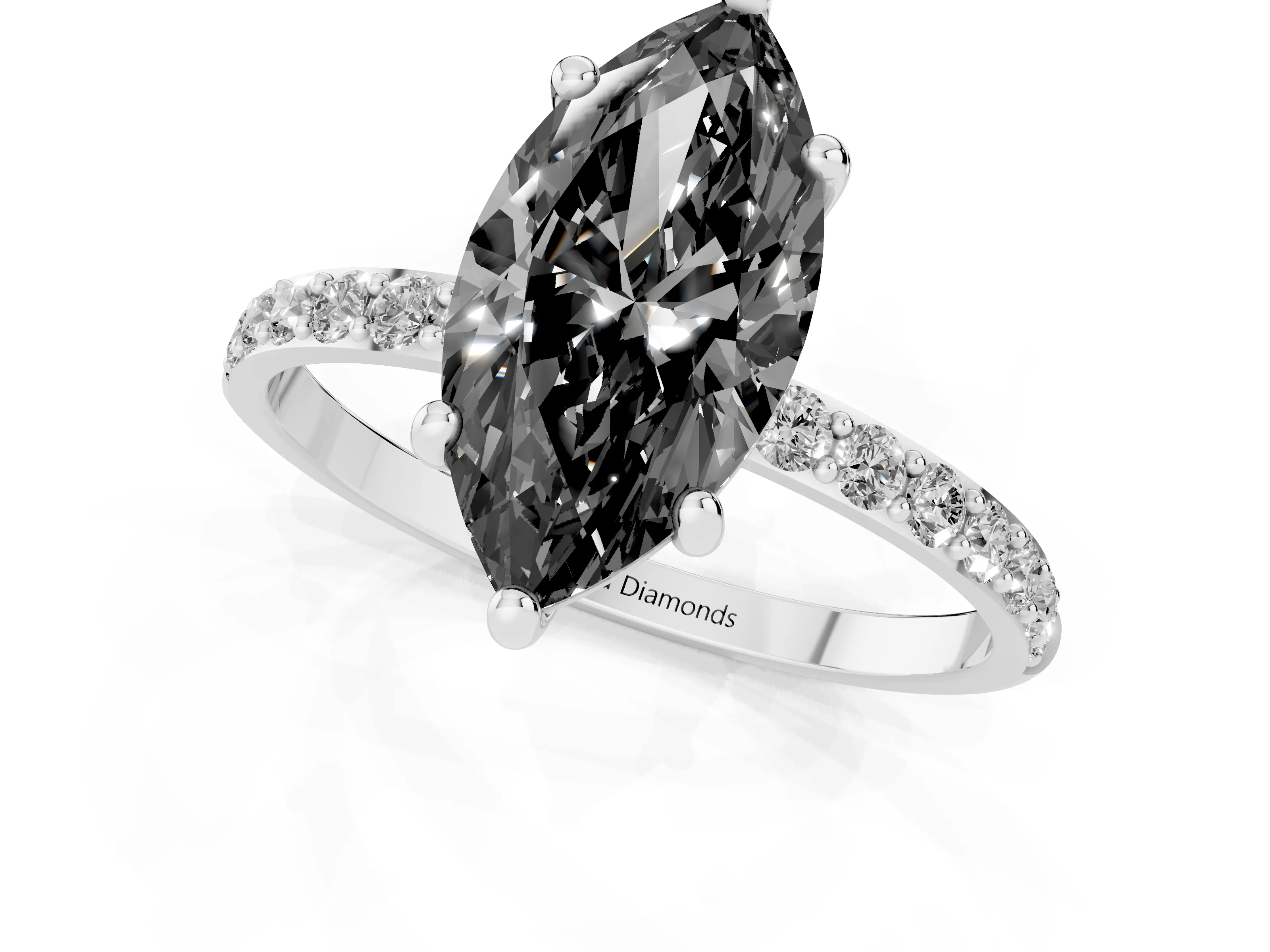 Fancy Black Marquise Cut Diamond Solitaire Ring Set in Silver with Round Pavé Band and Prong Setting