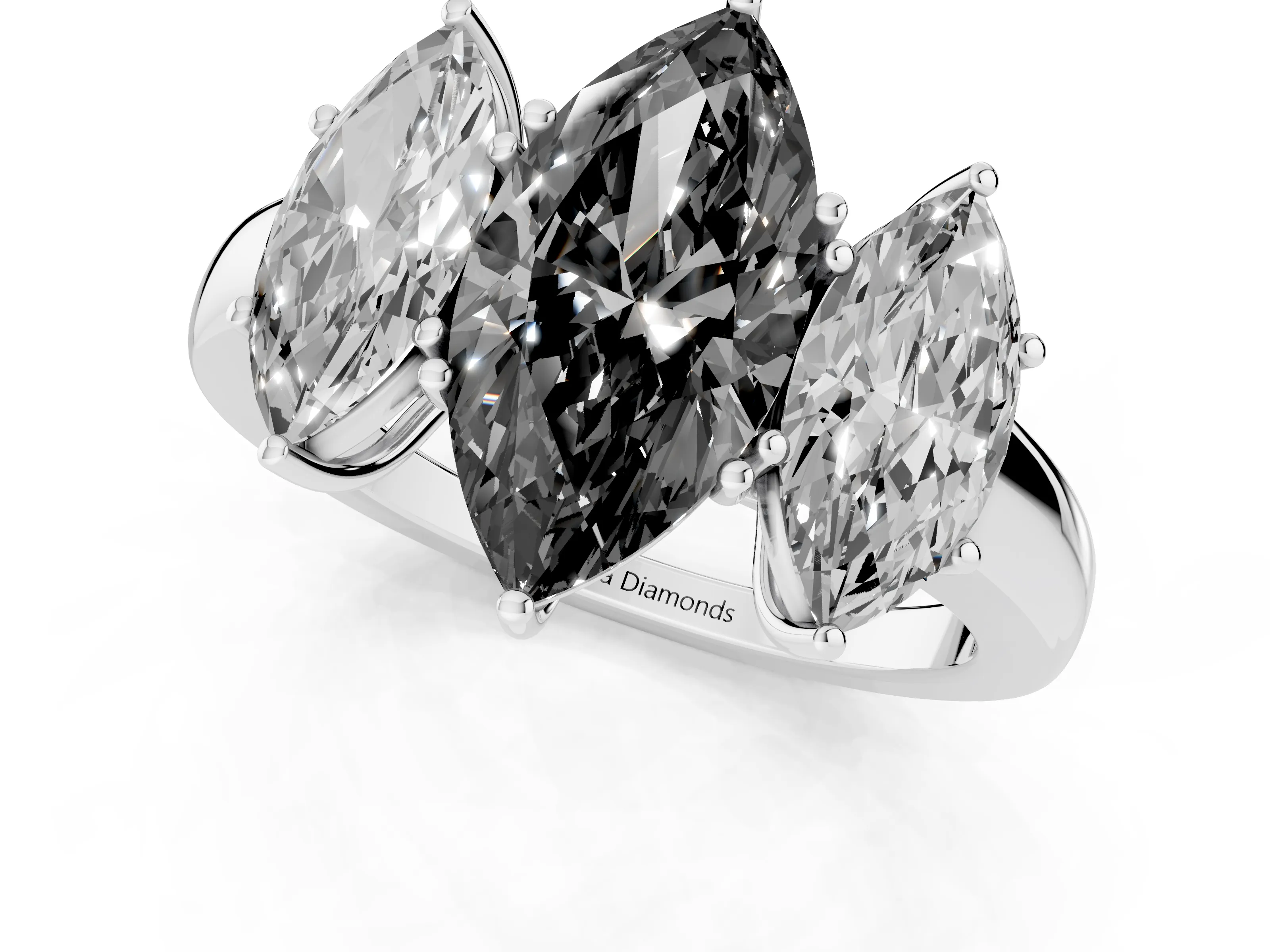 Fancy Black Marquise Cut Diamond Three-Stone Ring Set in Silver with Bold Center and Classic Band – second view