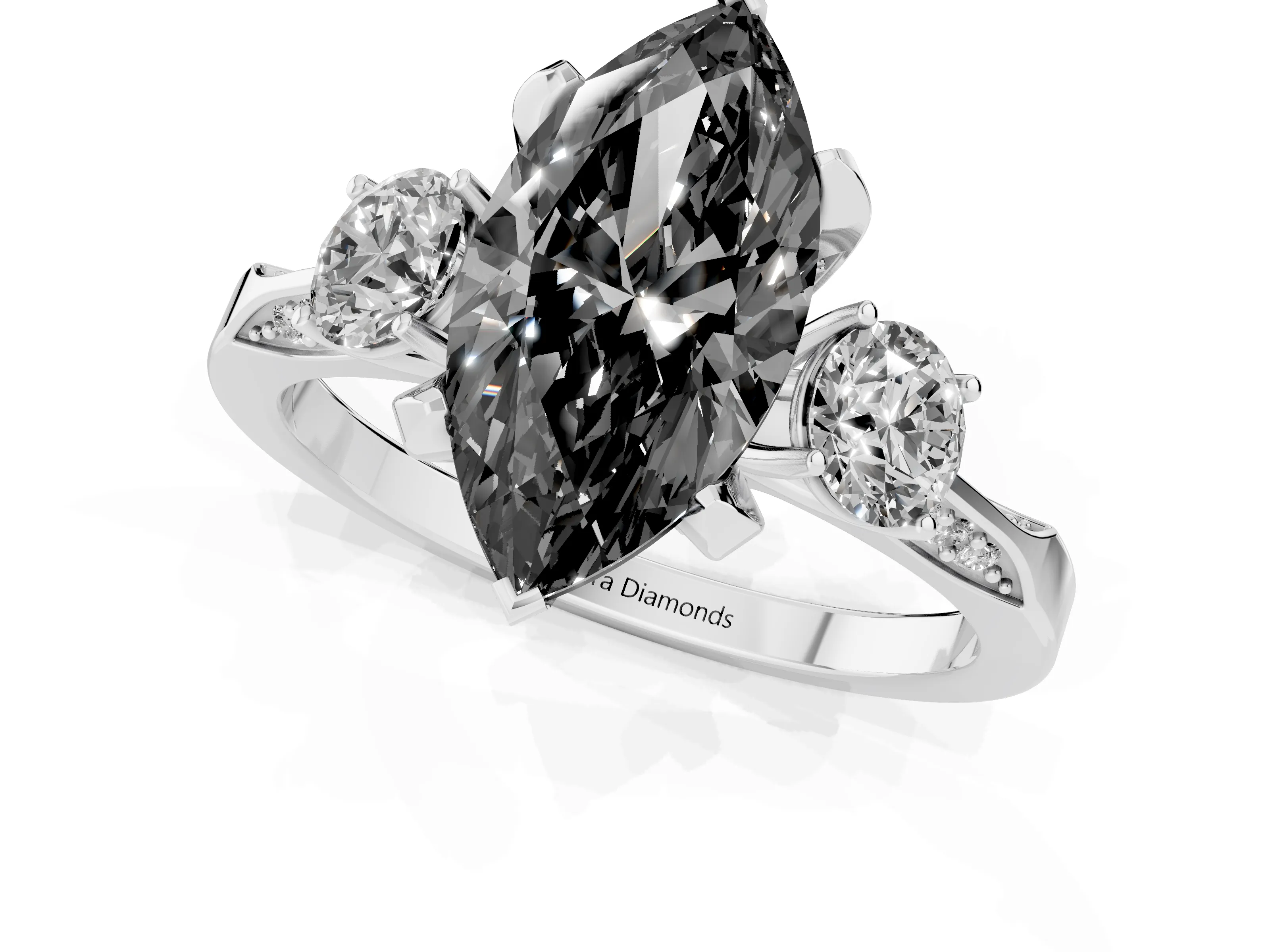 Fancy Black Marquise Cut Diamond Three-Stone Ring Set in White gold with Pavé Band and Smaller Side Stones