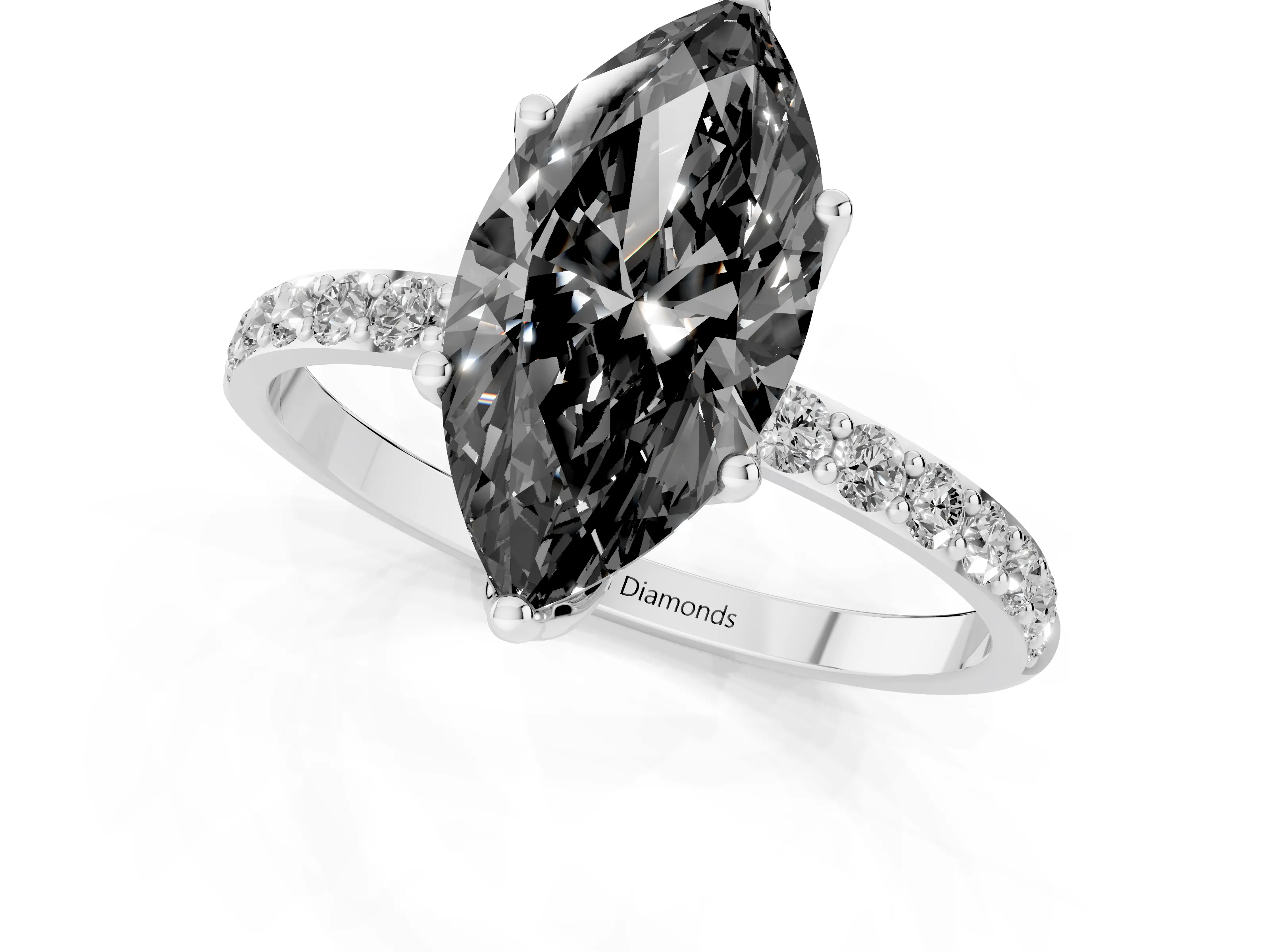 Fancy Black Marquise Cut Diamond Solitaire Engagement Ring Set in Silver with Round Pavé Band and Prong Setting