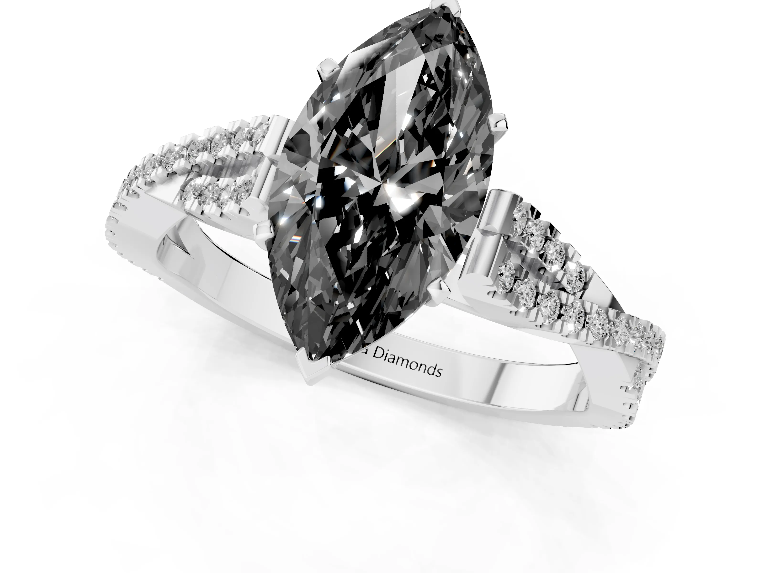 Fancy Black Marquise Cut Diamond Solitaire Engagement Ring Set in Silver with Twisted Pavé Band and Prong Setting