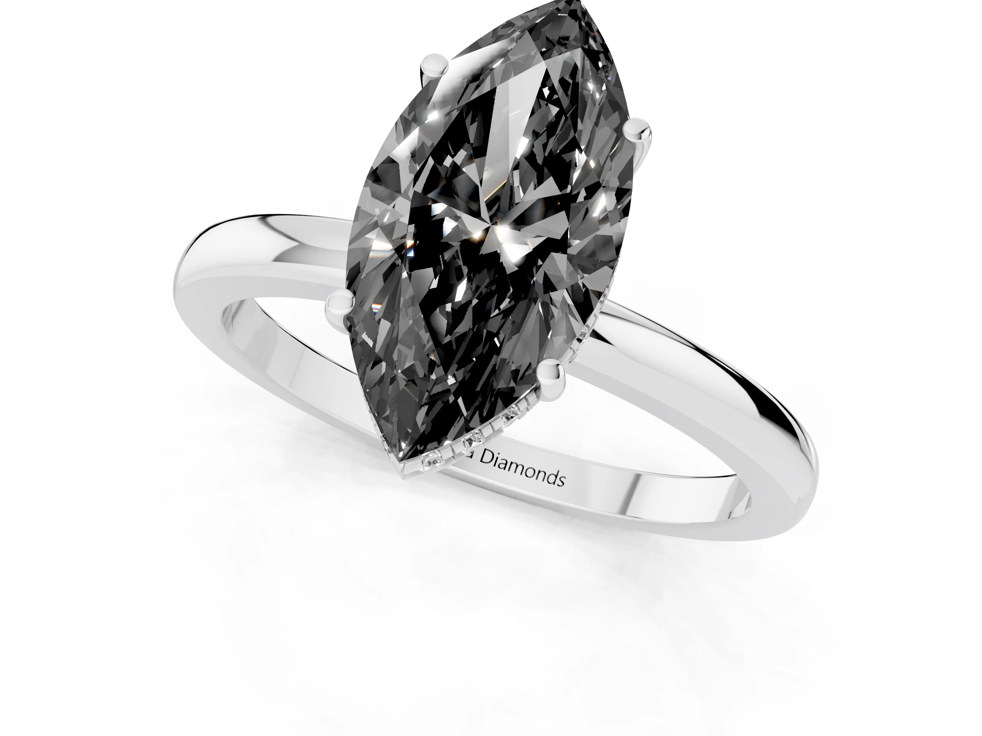 Fancy Black Marquise Cut Diamond Solitaire Ring Set in White gold with Plain Band and Prong Setting