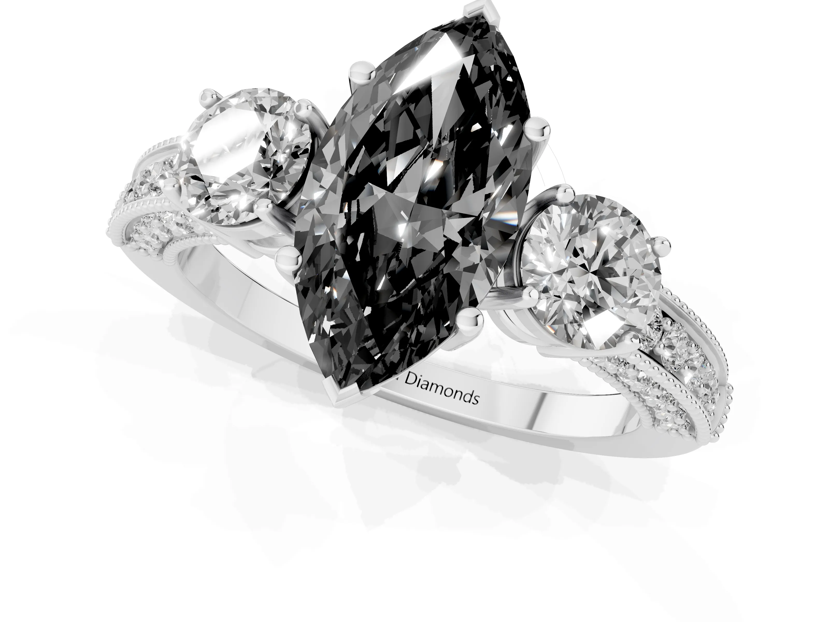 Fancy Black Marquise Cut Diamond Three-Stone Ring Set in Platinum with Round Side Stones and Pavé Band