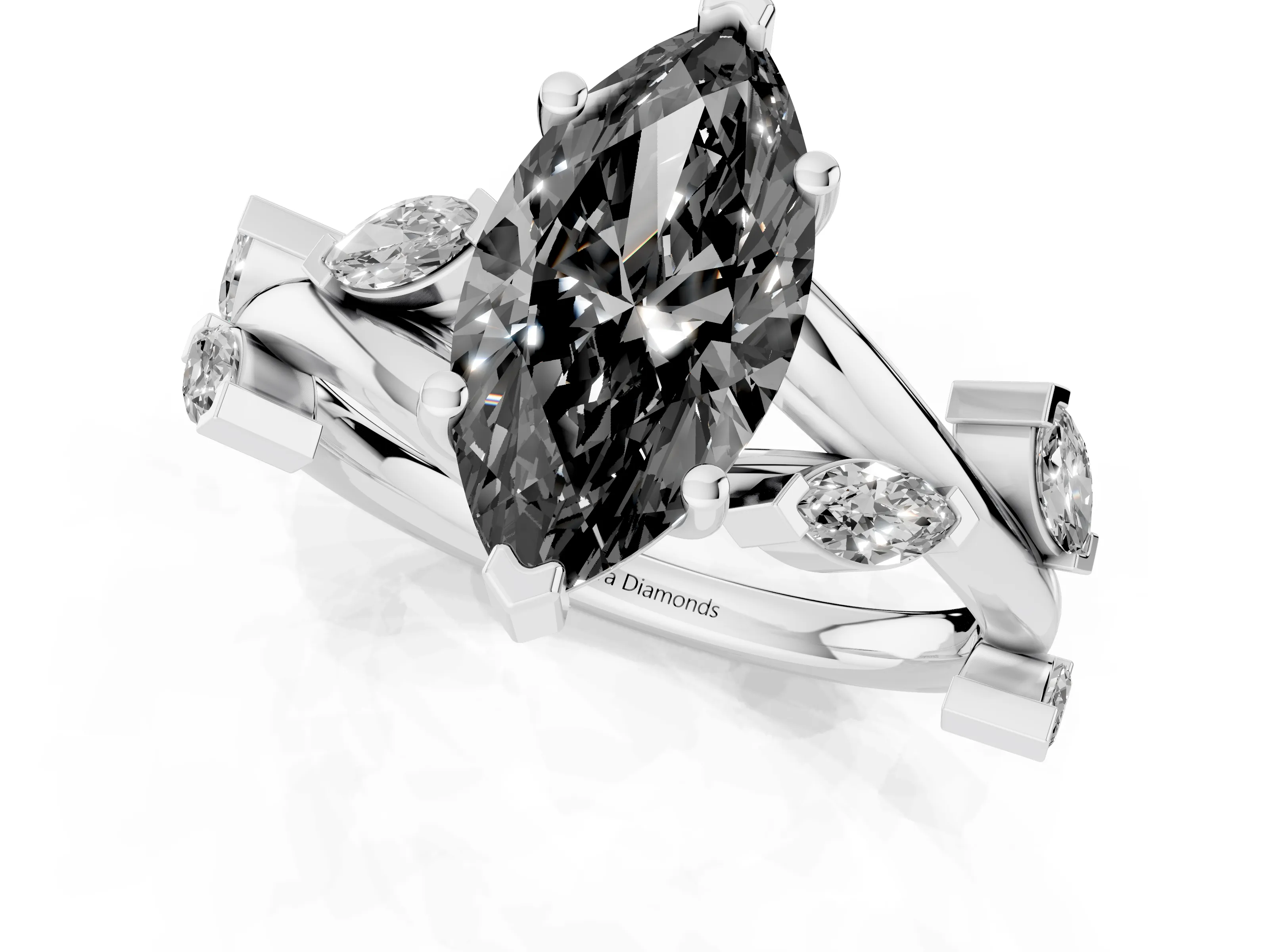 Fancy Black Marquise Cut Diamond Solitaire Ring Set in Platinum with Twisted Marquise Accent Band