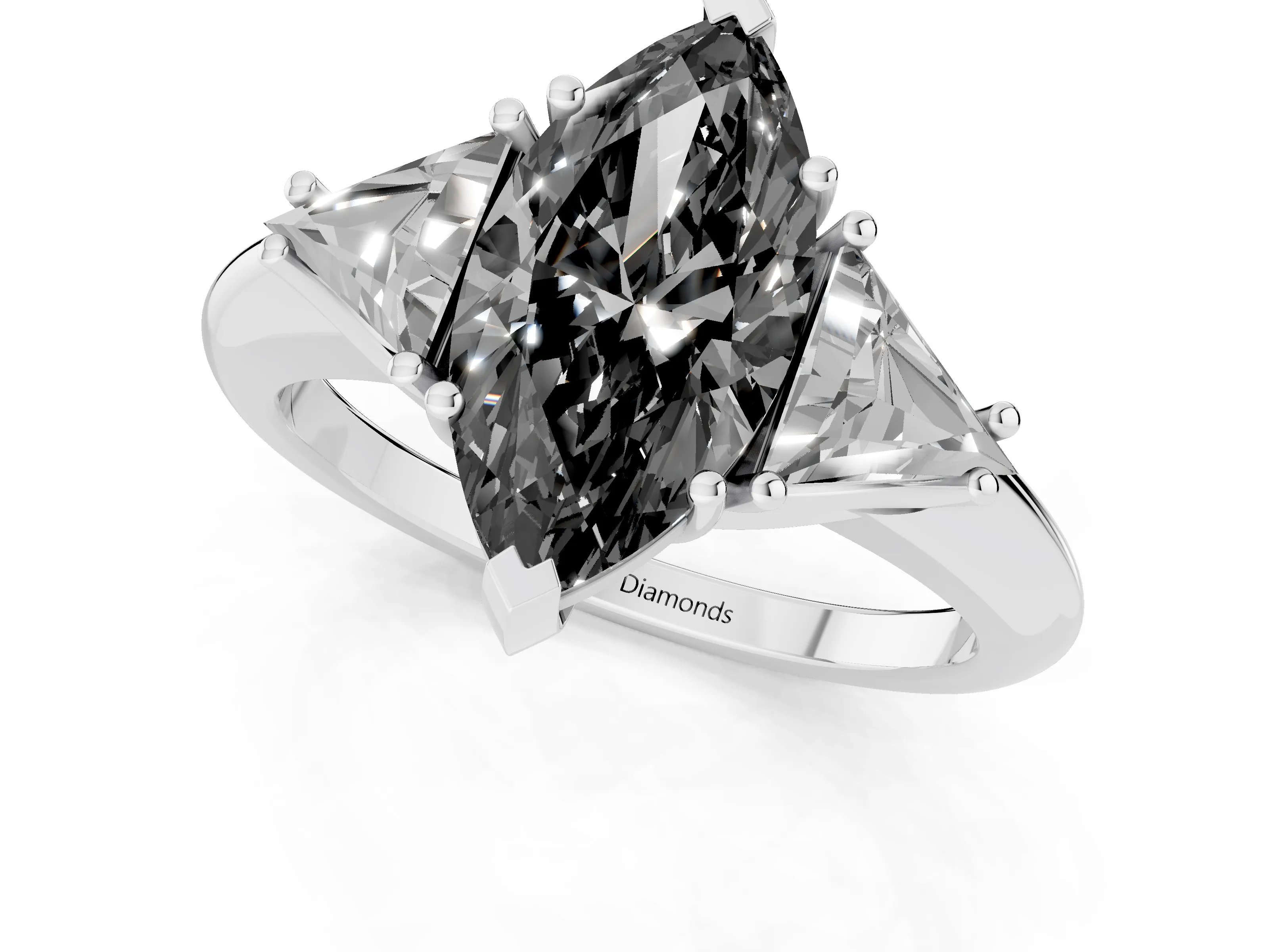 Fancy Black Marquise Cut Diamond Three-Stone Engagement Ring Set in Silver with Trillion Side Stones