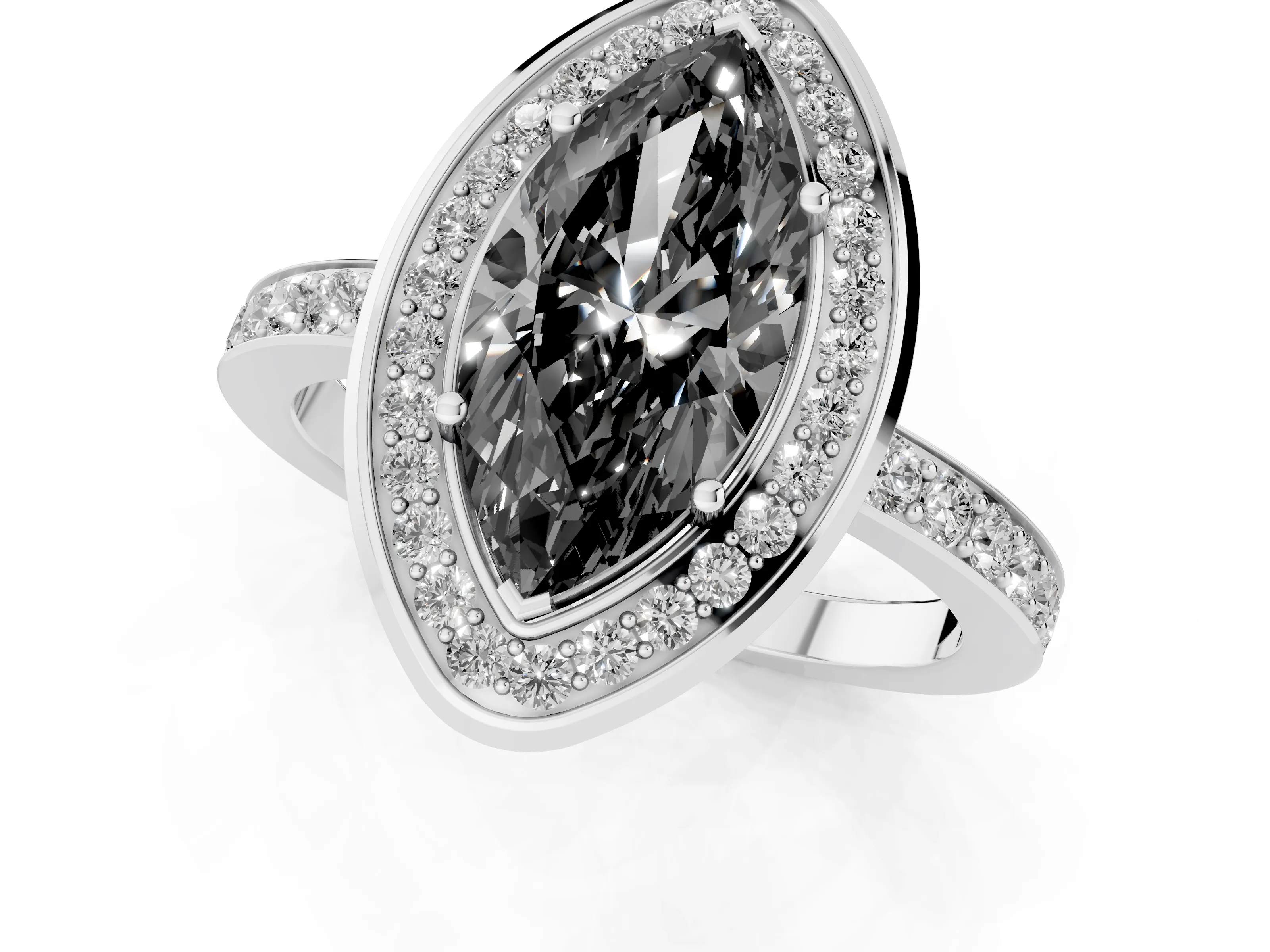 Fancy Black Marquise Cut Diamond Halo Ring Set in Silver with Bezel Frame and Pavé Band
