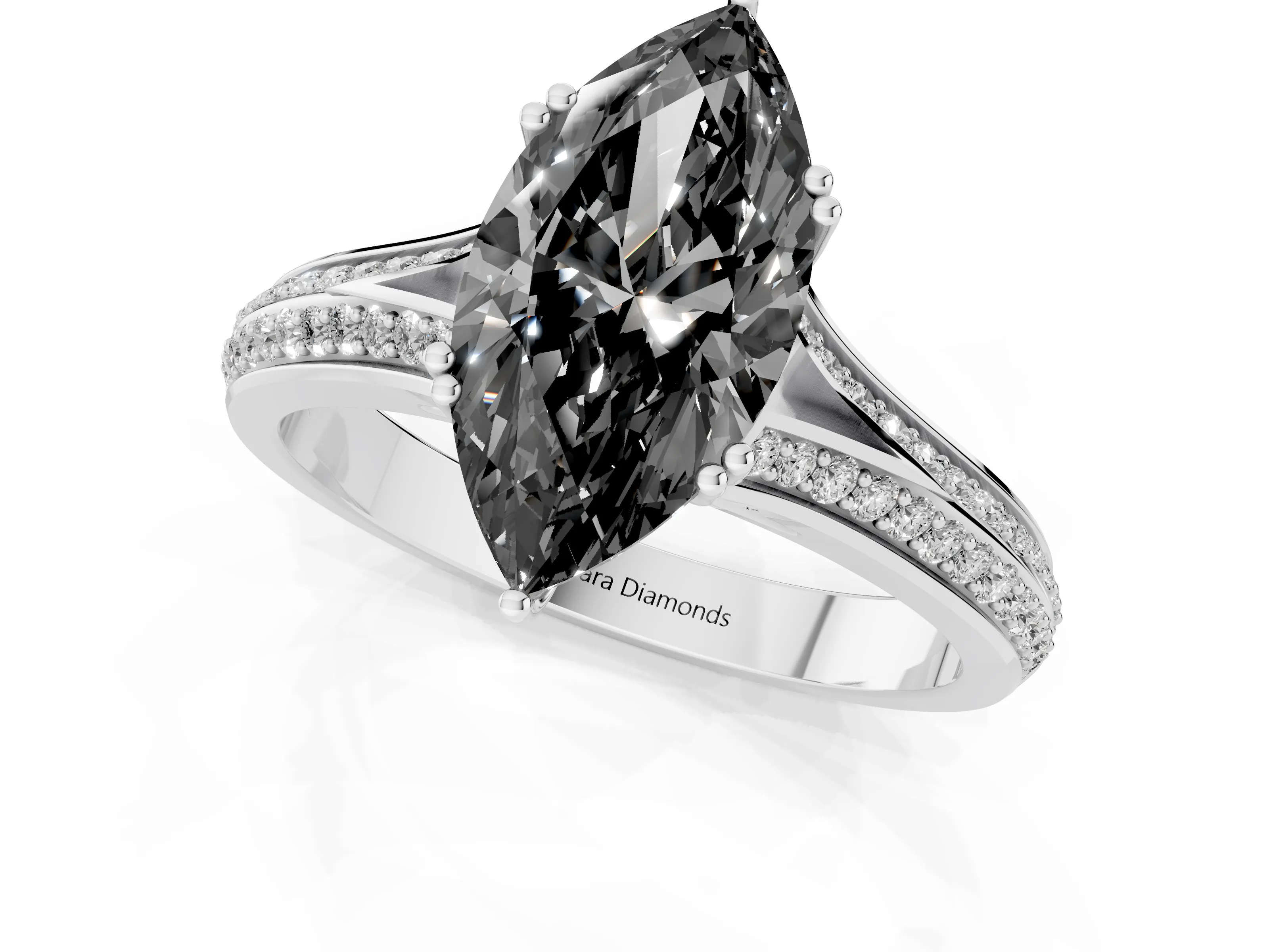 Fancy Black Marquise Cut Diamond Split Shank Pavé Engagement Ring Set in White gold with Prong-Set Center Stone