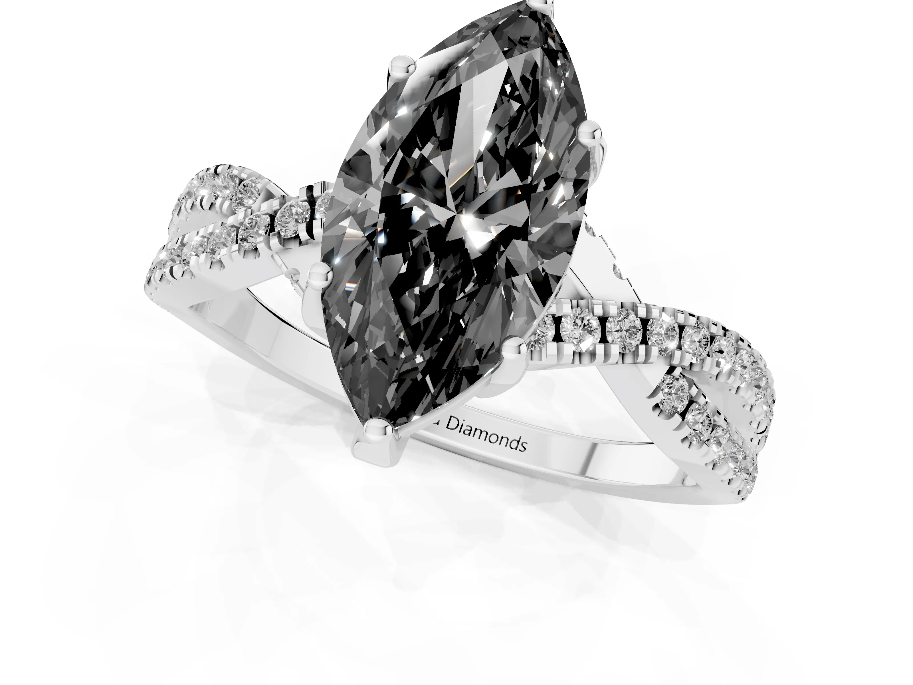 Fancy Black Marquise Cut Diamond Twist Pavé Solitaire Engagement Ring Set in White gold with Prong Setting