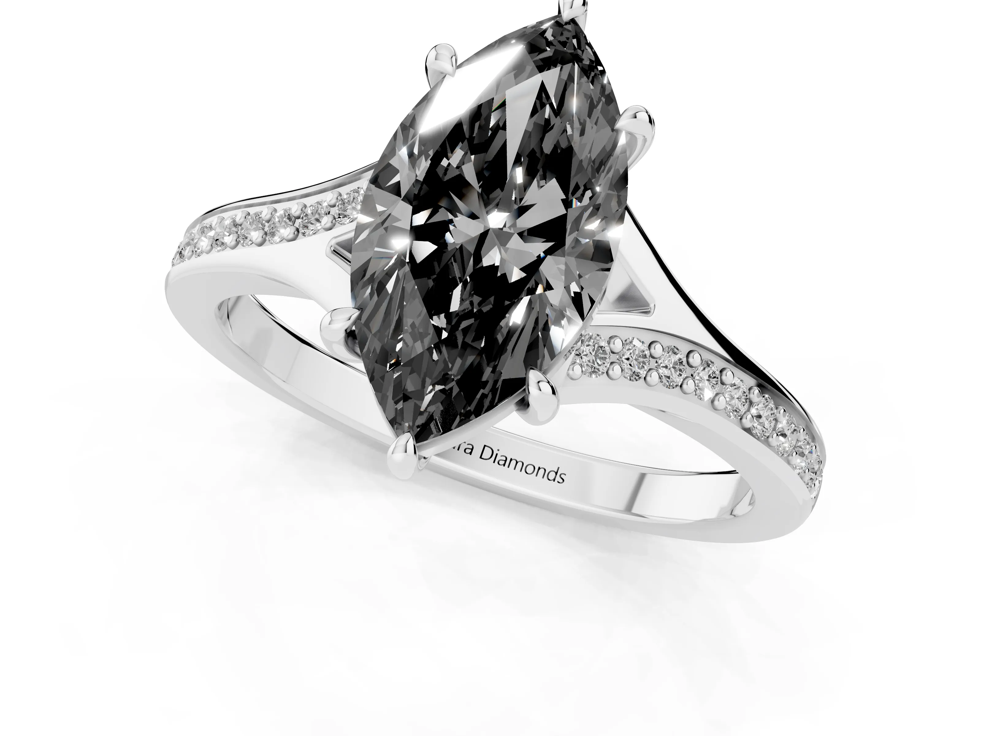 Fancy Black Marquise Cut Diamond Solitaire Ring Set in White gold with Pavé Accent Band and Classic Prong Setting