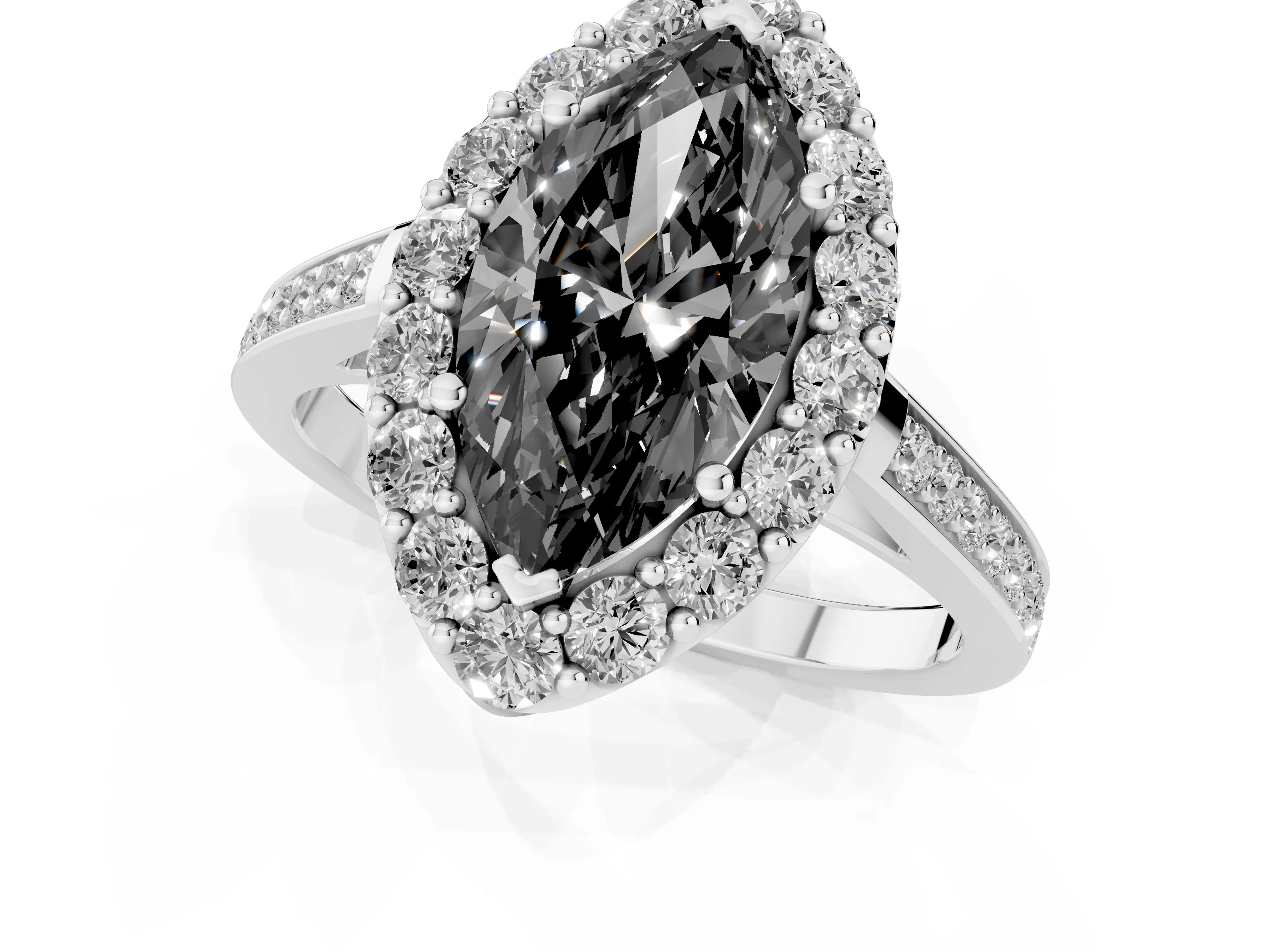 Fancy Black Marquise Cut Diamond Floral Halo Ring Set in Silver with Pavé Band and Prong Setting