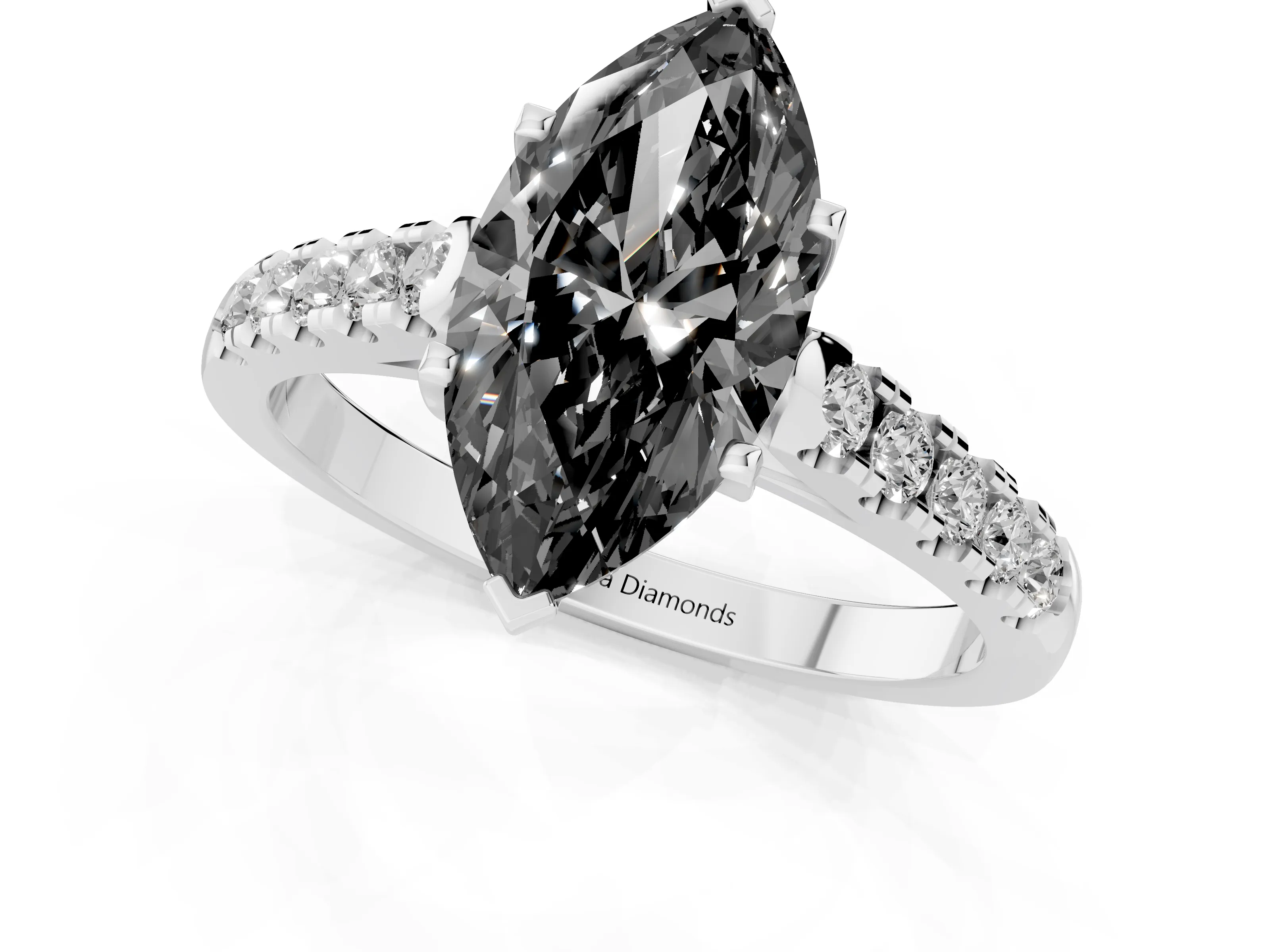 Fancy Black Marquise Cut Diamond Pavé Band Solitaire Ring Set in Platinum with Partway Accent Stones and Prong Setting