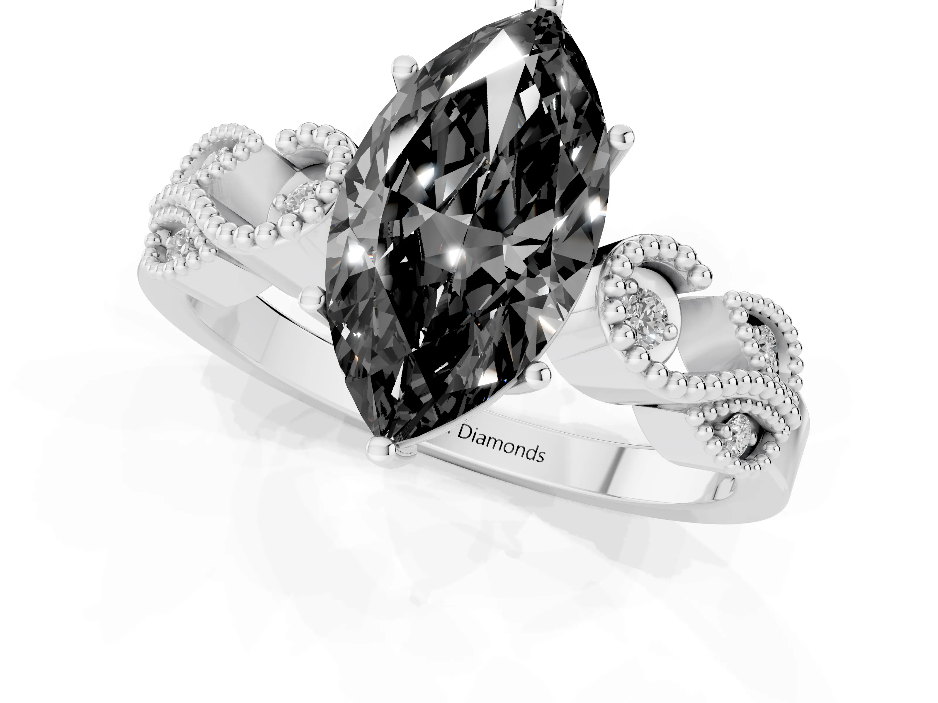 Fancy Black Marquise Cut Diamond Milgrain Leaf Band Solitaire Ring Set in Platinum with Accent Stones and Prong Setting