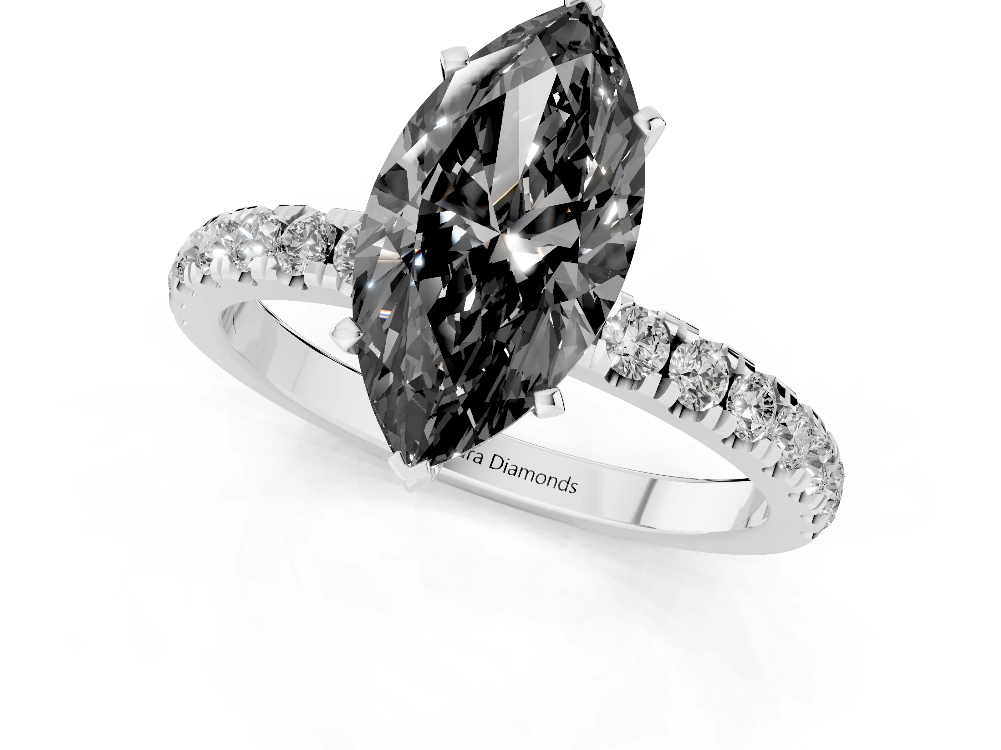 Fancy Black Marquise Cut Diamond Solitaire Ring Set in Silver with Pavé Accents and Prong Setting