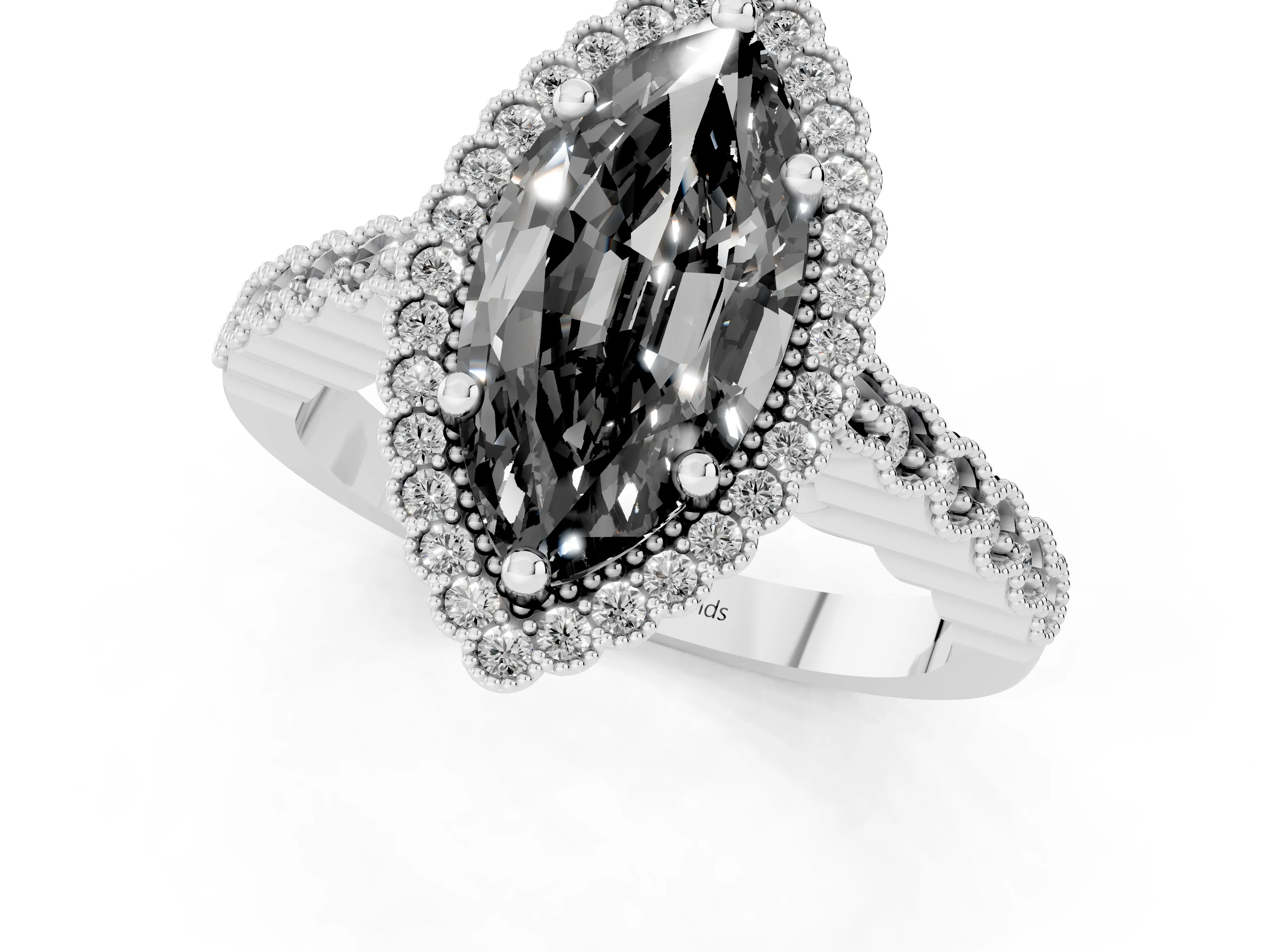 Fancy Black Marquise Cut Diamond Halo Ring Set in White gold with Pavé Milgrain Band