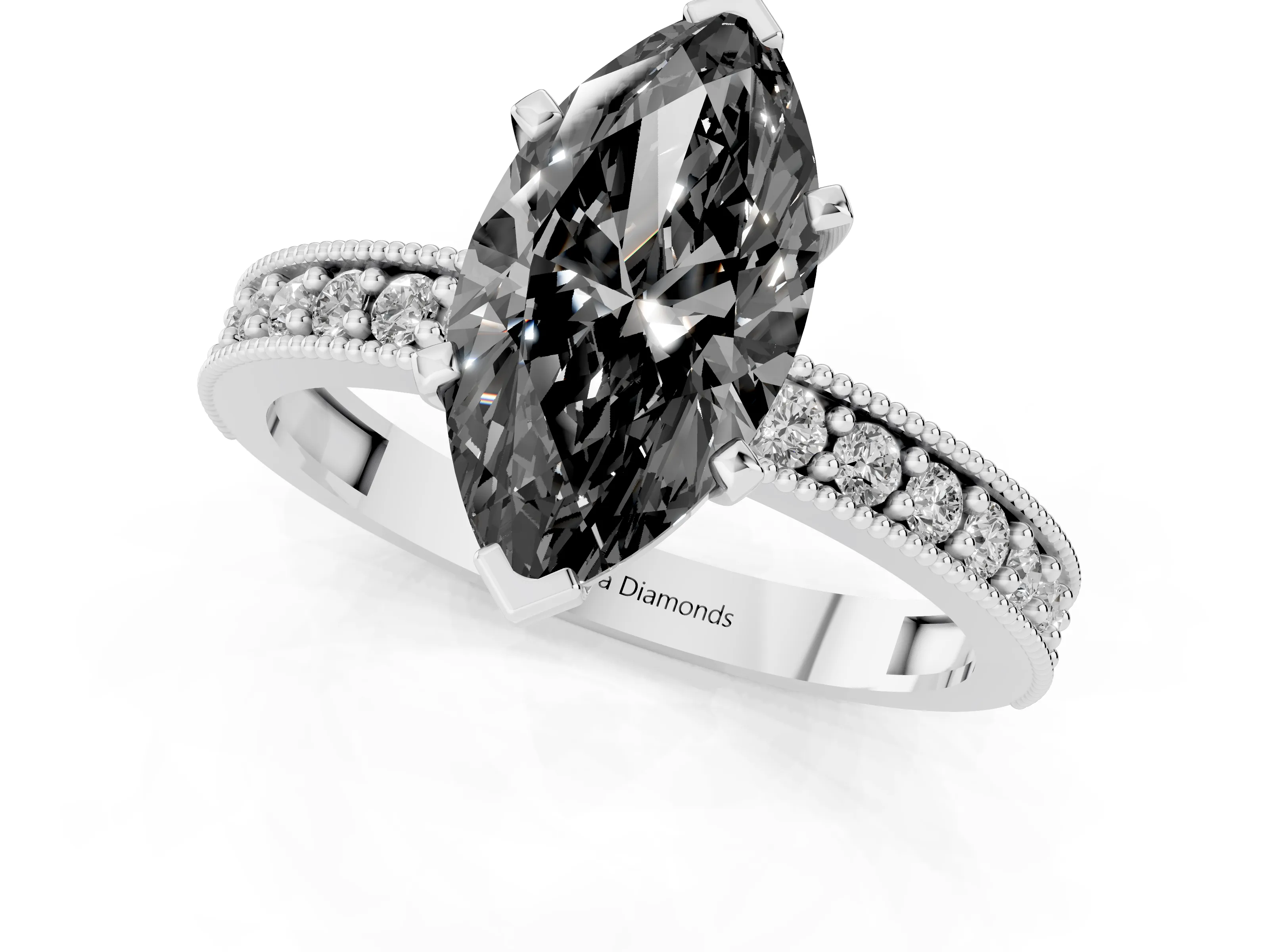 Fancy Black Marquise Cut Diamond Milgrain Pavé Engagement Ring Set in Silver with Prong Setting