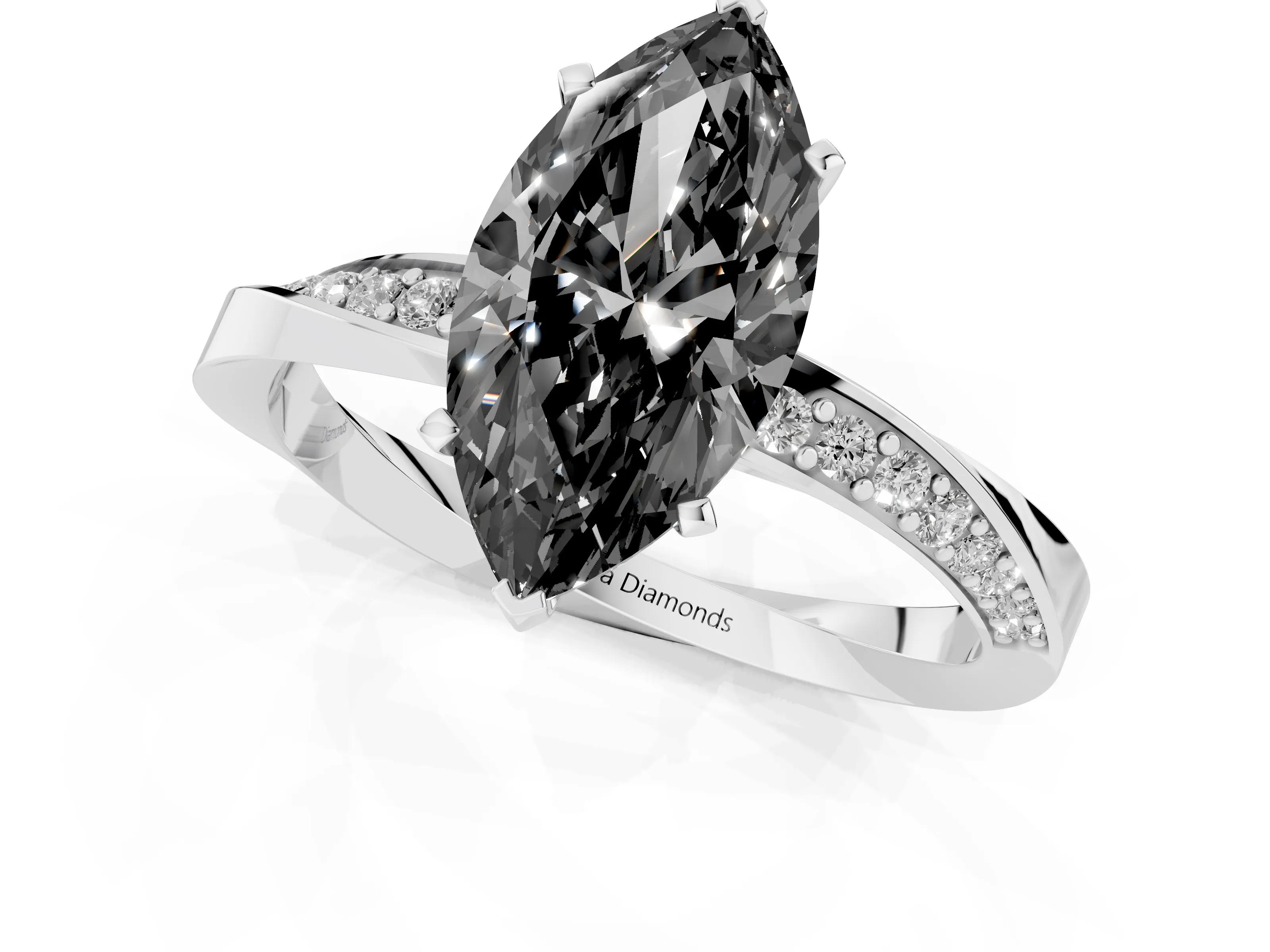 Fancy Black Marquise Cut Diamond Engagement Ring Set in Platinum with Side Stone Accents and Prong Setting – second view