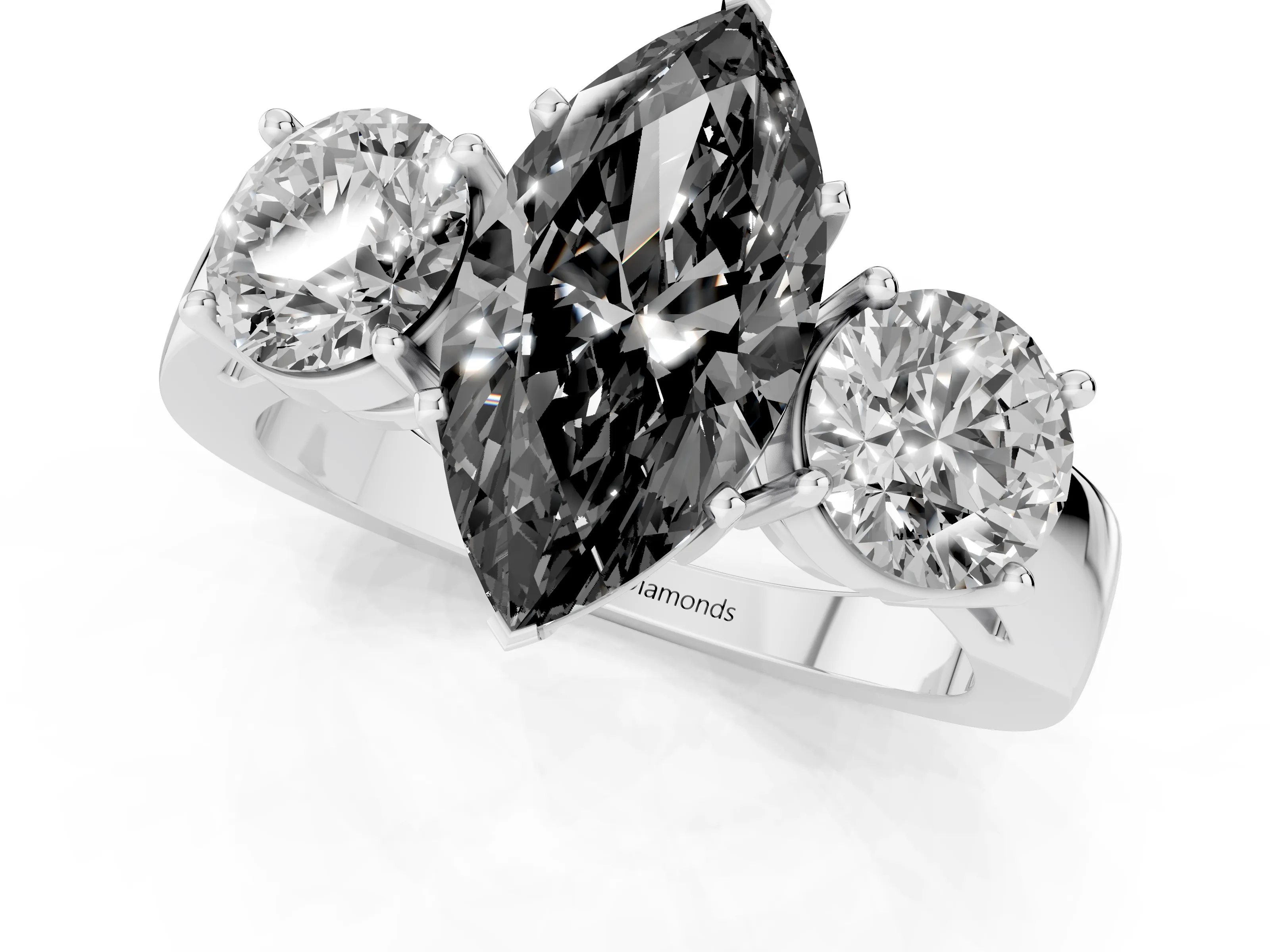 Fancy Black Marquise Cut Diamond Three-Stone Ring Set in Silver with Round Side Stones and Classic Band