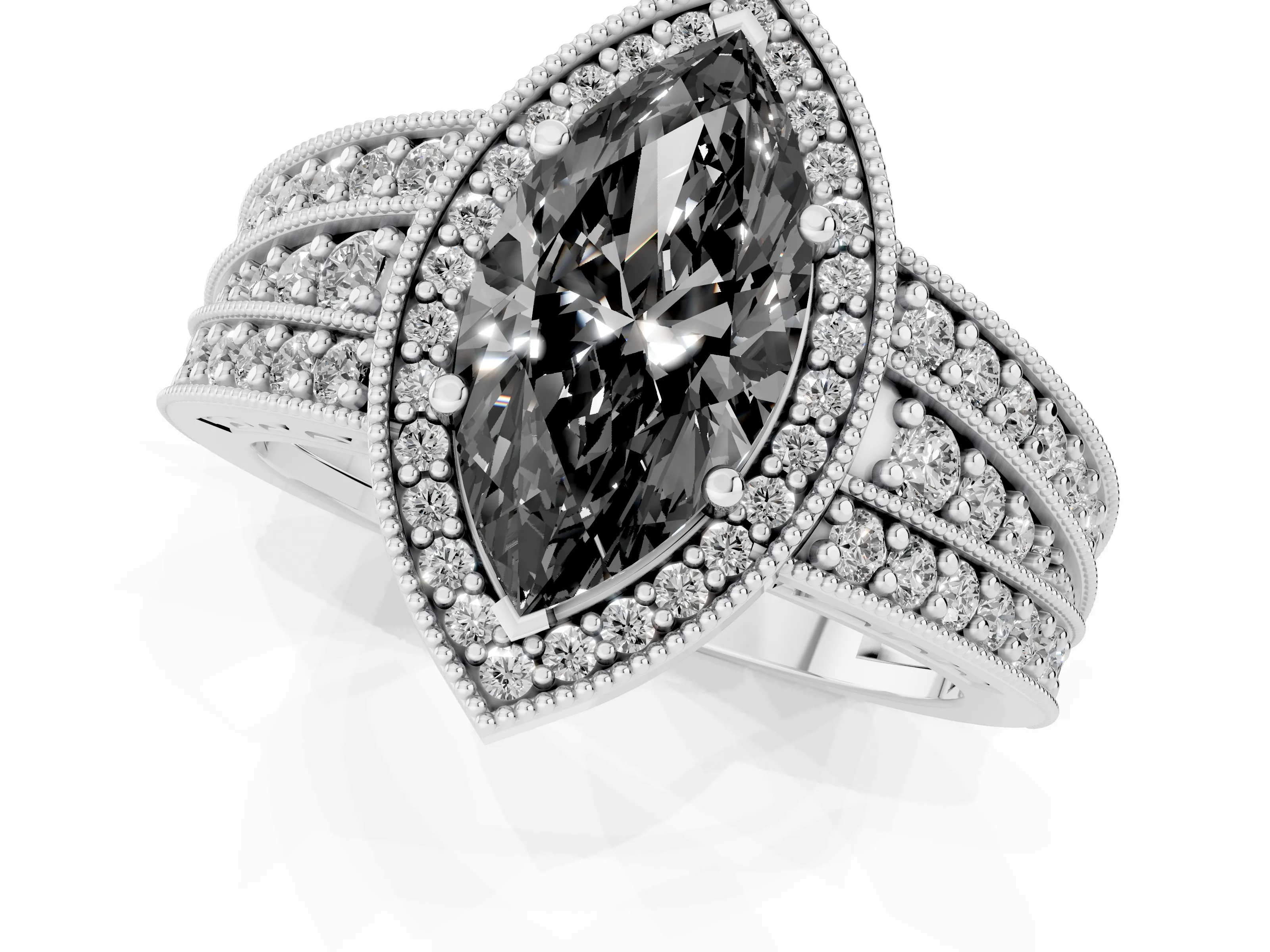 Fancy Black Marquise Cut Diamond Halo Ring Set in Platinum with Accent Split Shank and Prong Setting