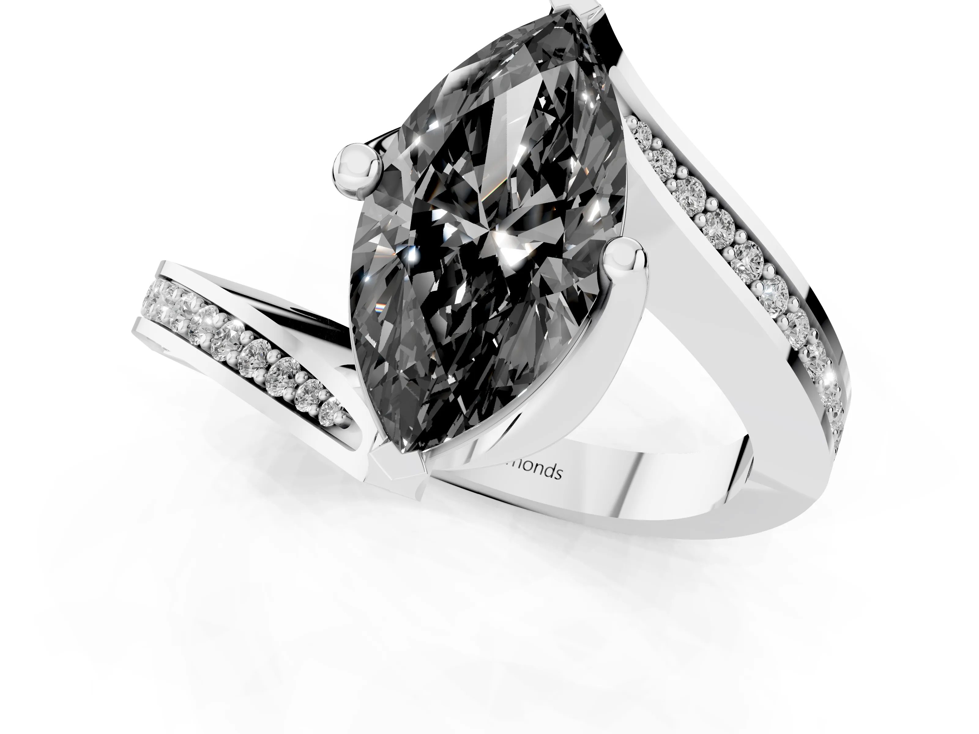 Fancy Black Marquise Cut Diamond Solitaire Ring Set in Platinum with Intertwined Pavé Twist Band