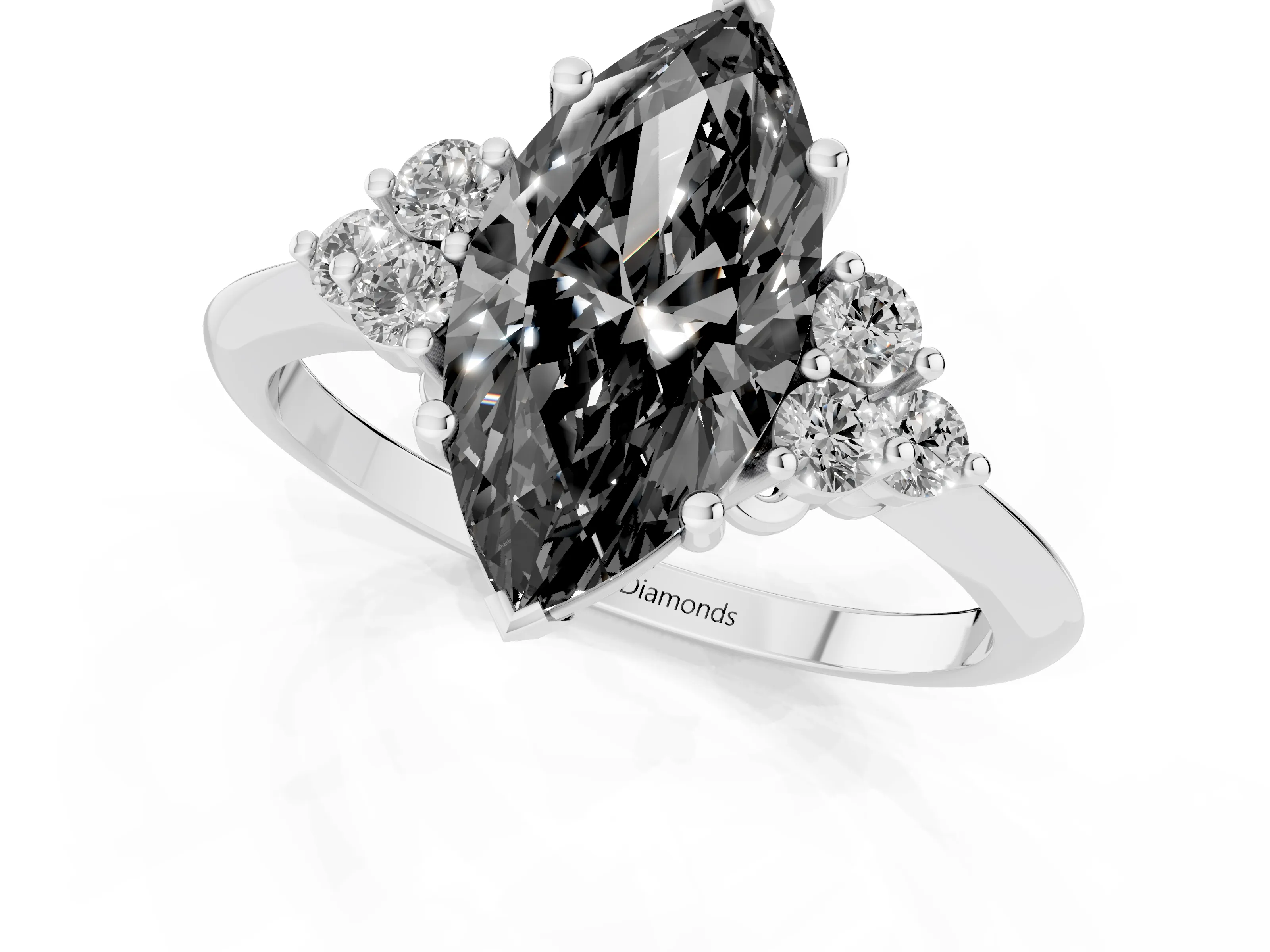 Fancy Black Marquise Cut Diamond Cluster Ring Set in Silver with Plain Band and Prong Setting