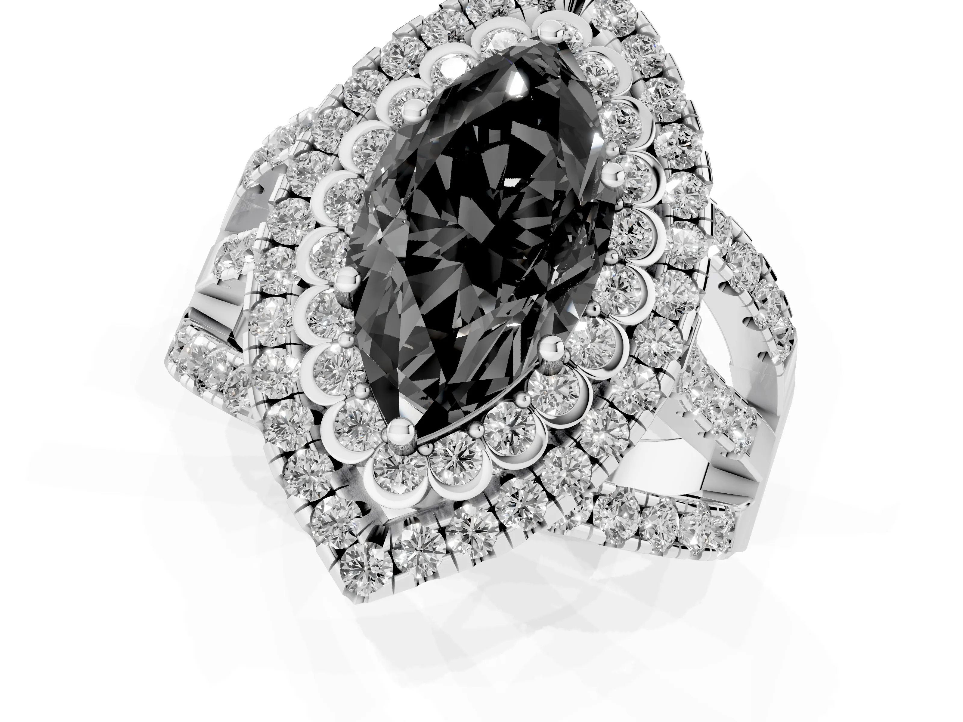 Fancy Black Marquise Cut Diamond Double Halo Ring Set in White gold with Round Pavé Split Shank