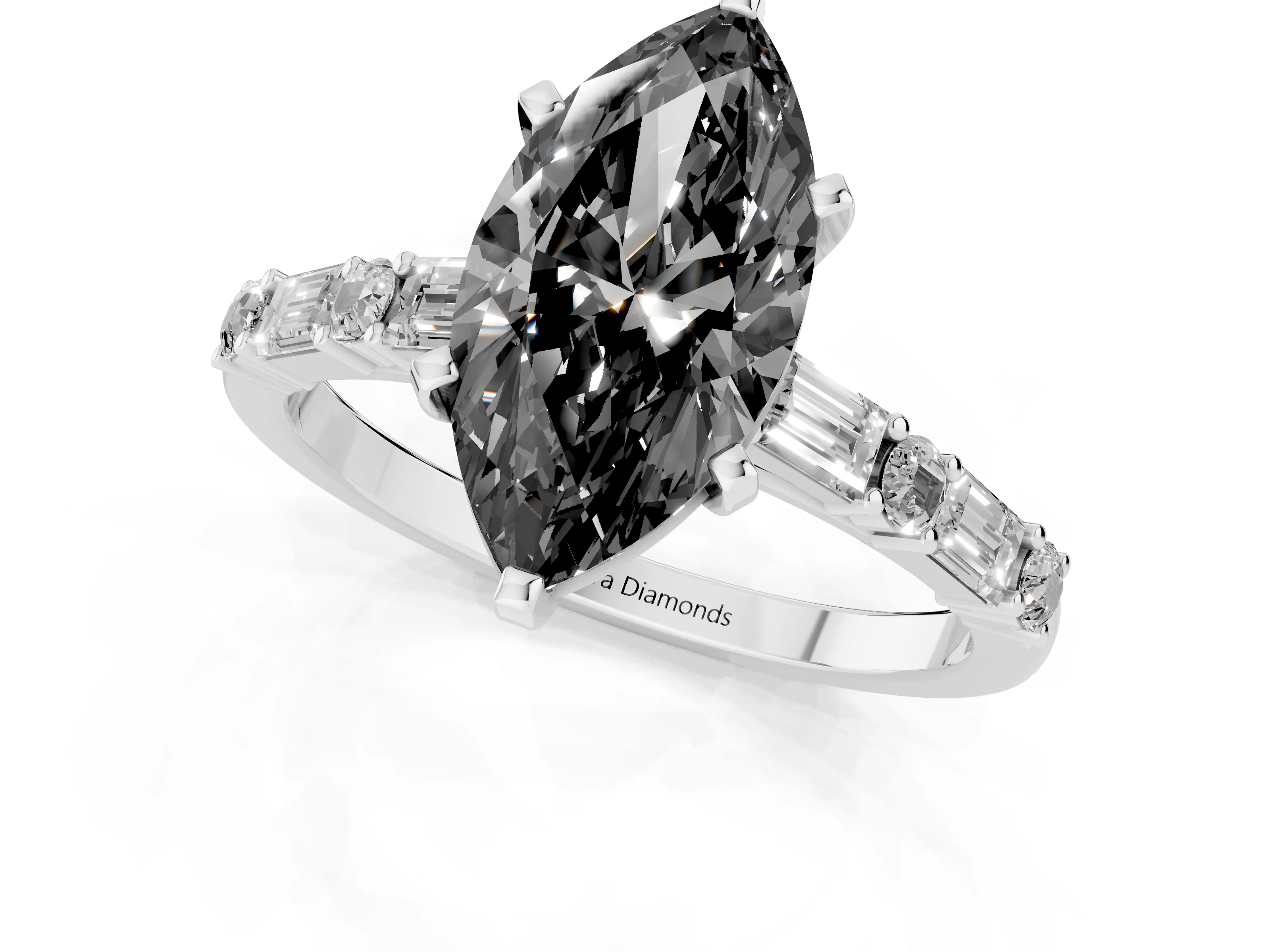 Fancy Black Marquise Cut Diamond Solitaire Set in Platinum with Side Baguettes and Channel Set Band