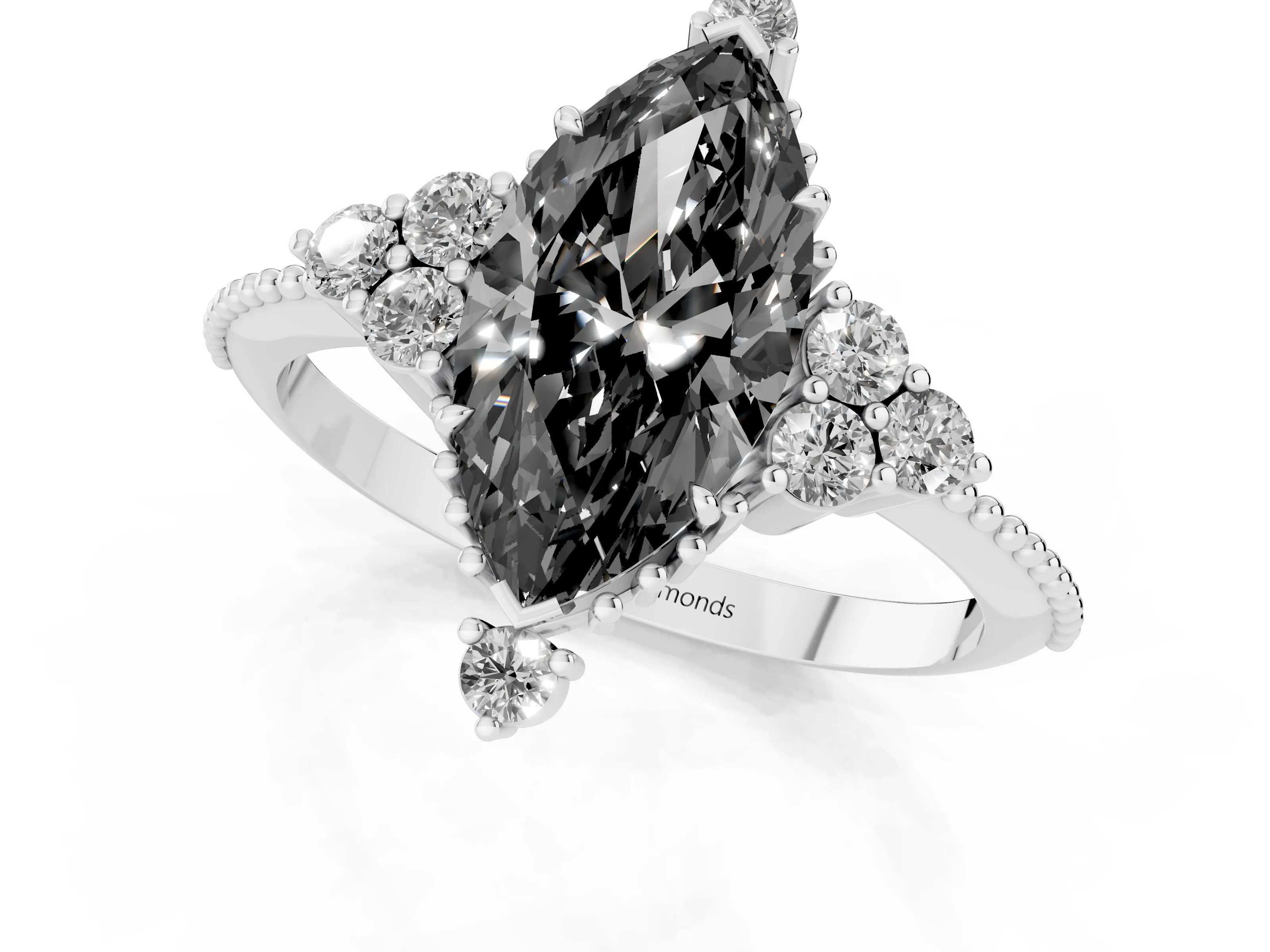 Fancy Black Marquise Cut Diamond Cluster Ring Set in White gold with Beaded Band